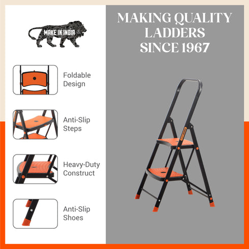 Bathla Boost Rhino 2 - Step Foldable Steel Ladder For Home (Black + Orange)