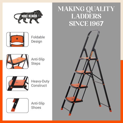 Bathla Boost Rhino 4 - Step Foldable Steel Ladder For Home (Black + Orange)