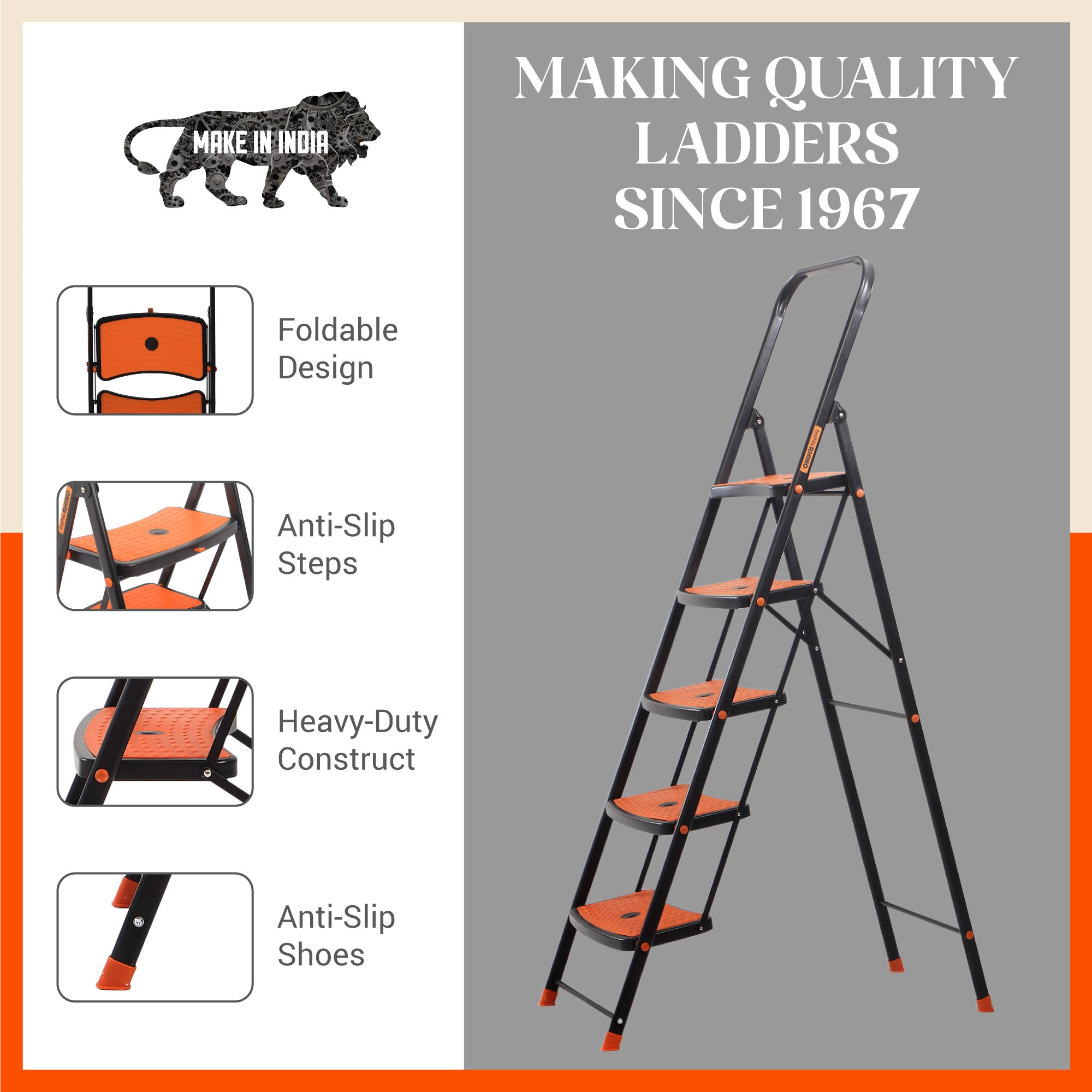 Bathla Boost Rhino 5 - Step Foldable Steel Ladder For Home (Black + Orange)