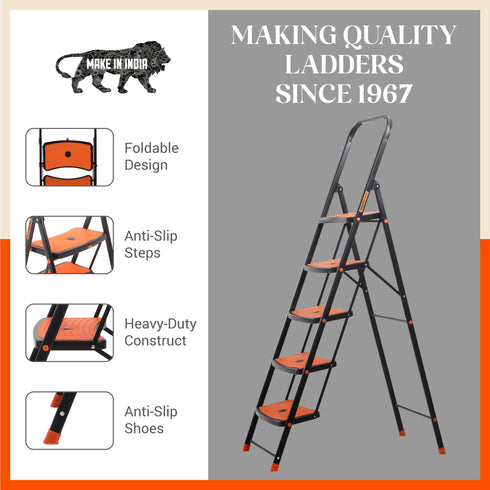 Bathla Boost Rhino 5 - Step Foldable Steel Ladder For Home (Black + Orange)