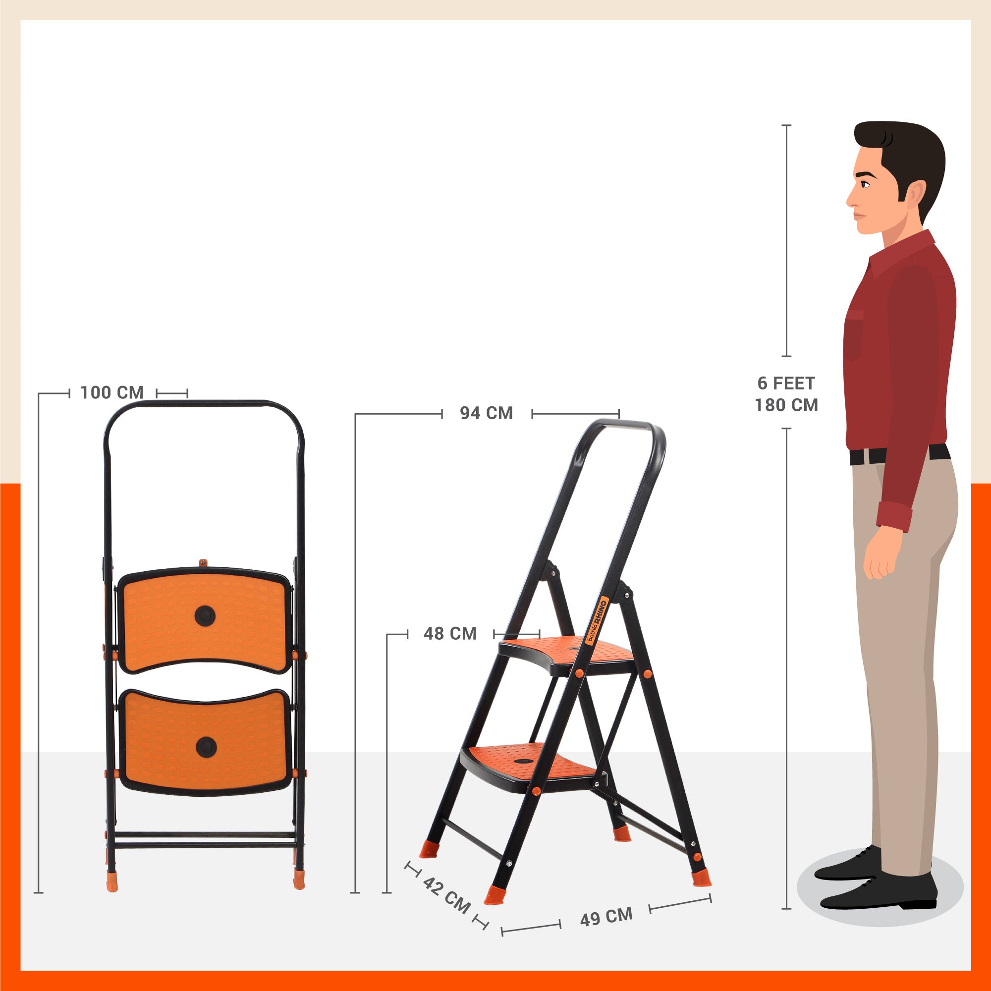 Bathla Boost Rhino 2 - Step Foldable Steel Ladder For Home (Black + Orange)