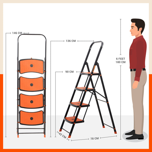 Bathla Boost Rhino 4 - Step Foldable Steel Ladder For Home (Black + Orange)