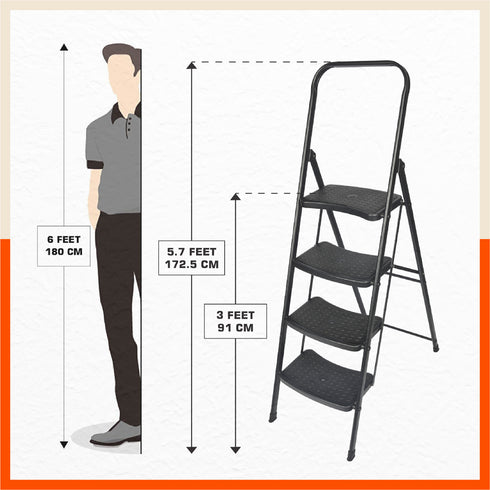 Bathla Boost Rhino 4 -Step Foldable Steel Ladder For Home (Black + Black)