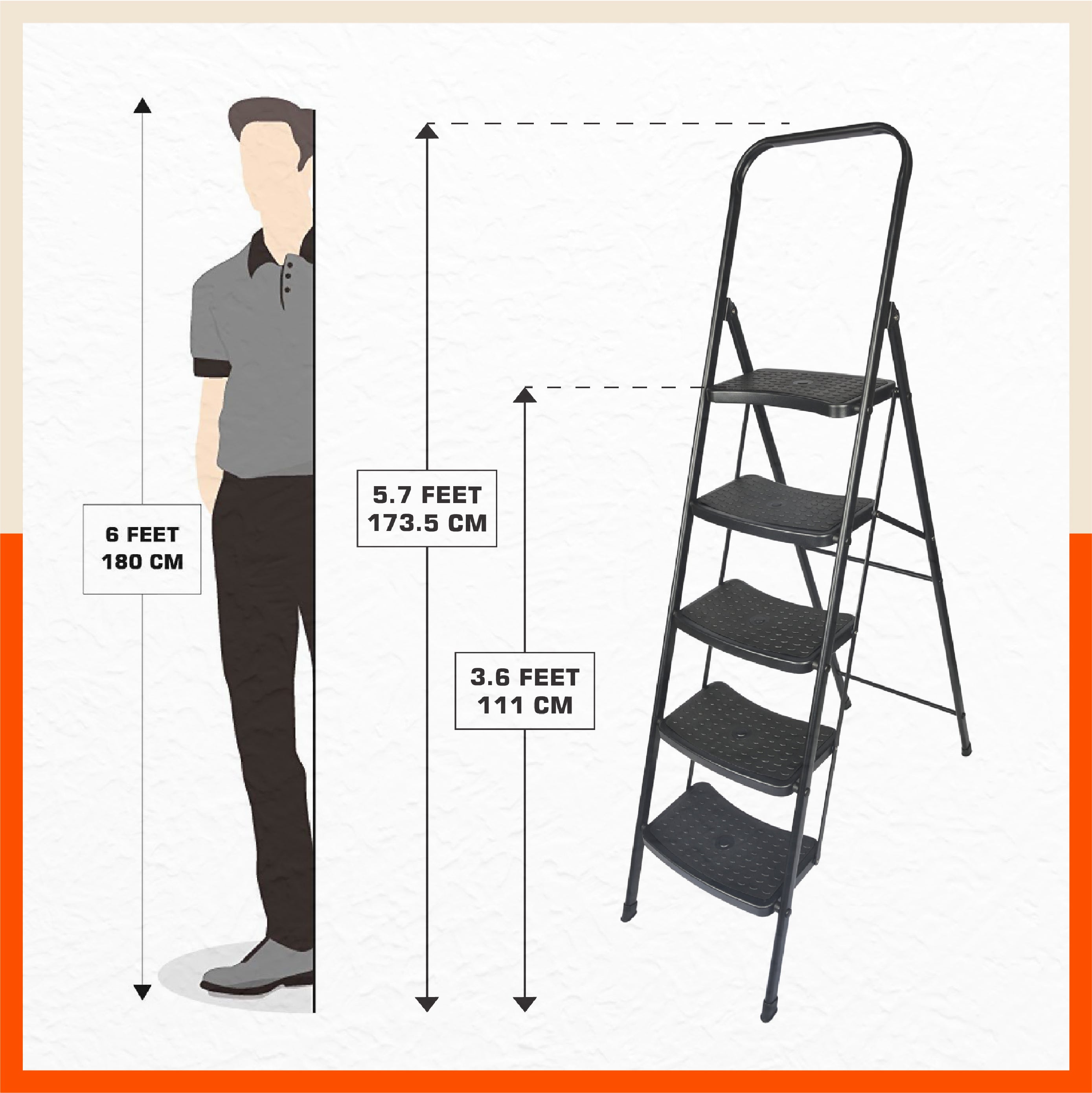 Bathla Boost Rhino 5 - Step Foldable Steel Ladder For Home (Black + Black)