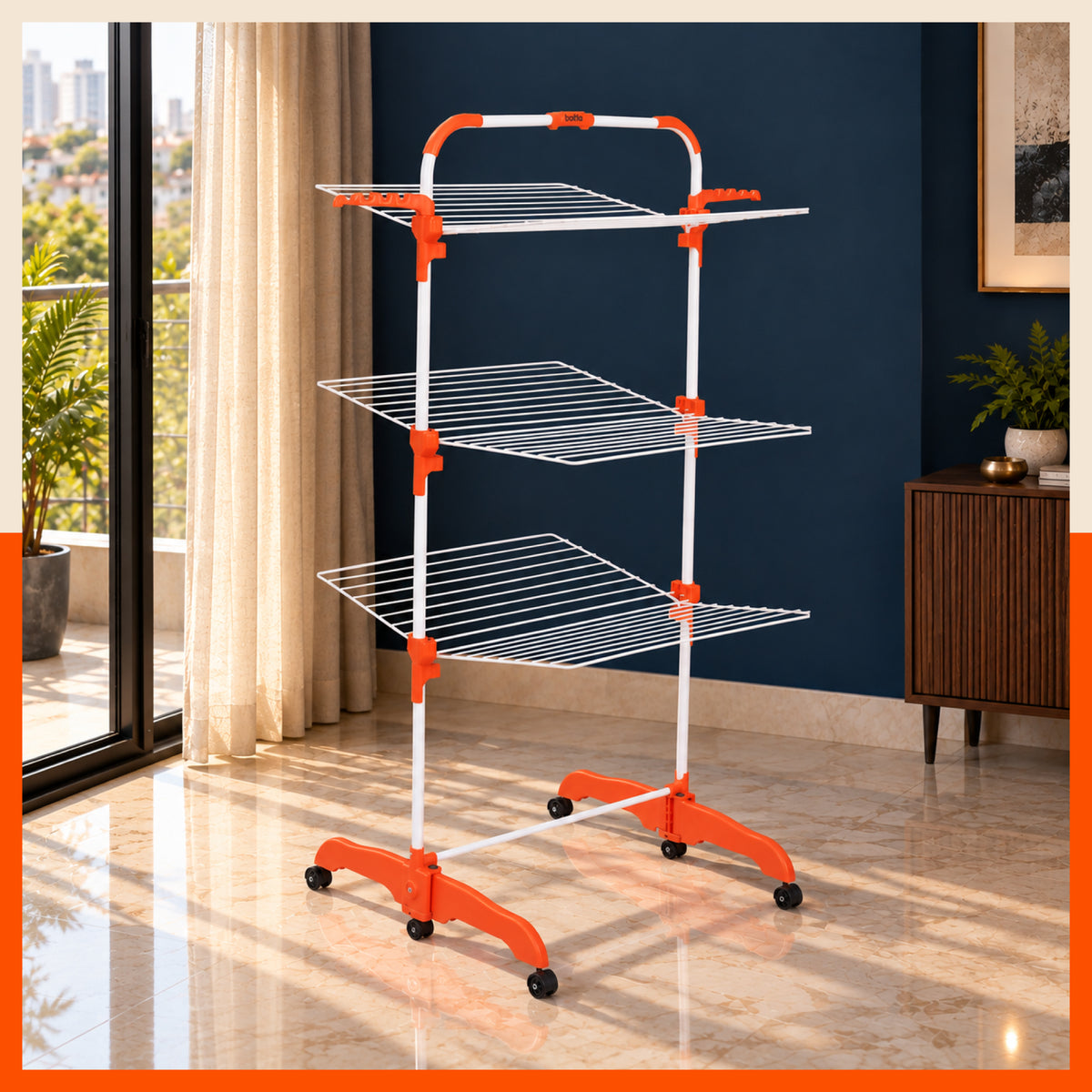 Bathla Compact 3-Tier Heavy Duty Clothes Drying Stand with Wheels Portable Steel Laundry Stand, Space Saving Foldable Drying Rack with Side Hangers for Drying Clothes at Home (Orange)