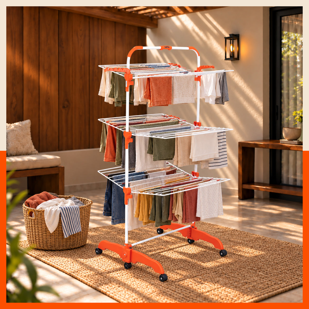 Bathla Compact 3-Tier Heavy Duty Clothes Drying Stand with Wheels Portable Steel Laundry Stand, Space Saving Foldable Drying Rack with Side Hangers for Drying Clothes at Home (Orange)