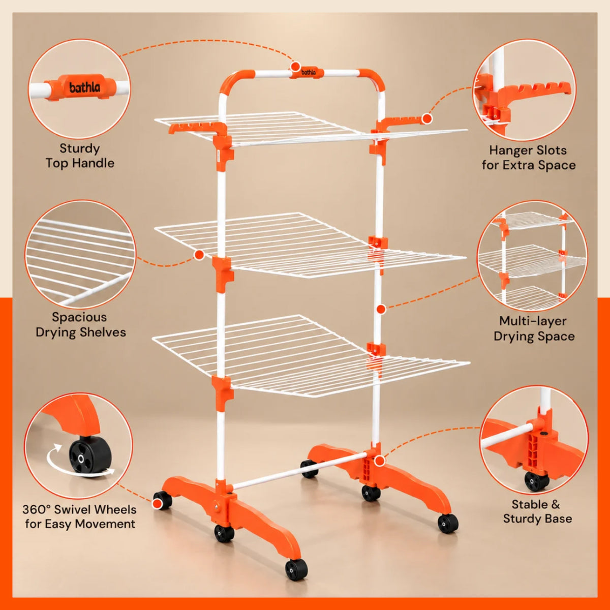 Bathla Compact 3-Tier Heavy Duty Clothes Drying Stand with Wheels Portable Steel Laundry Stand, Space Saving Foldable Drying Rack with Side Hangers for Drying Clothes at Home (Orange)