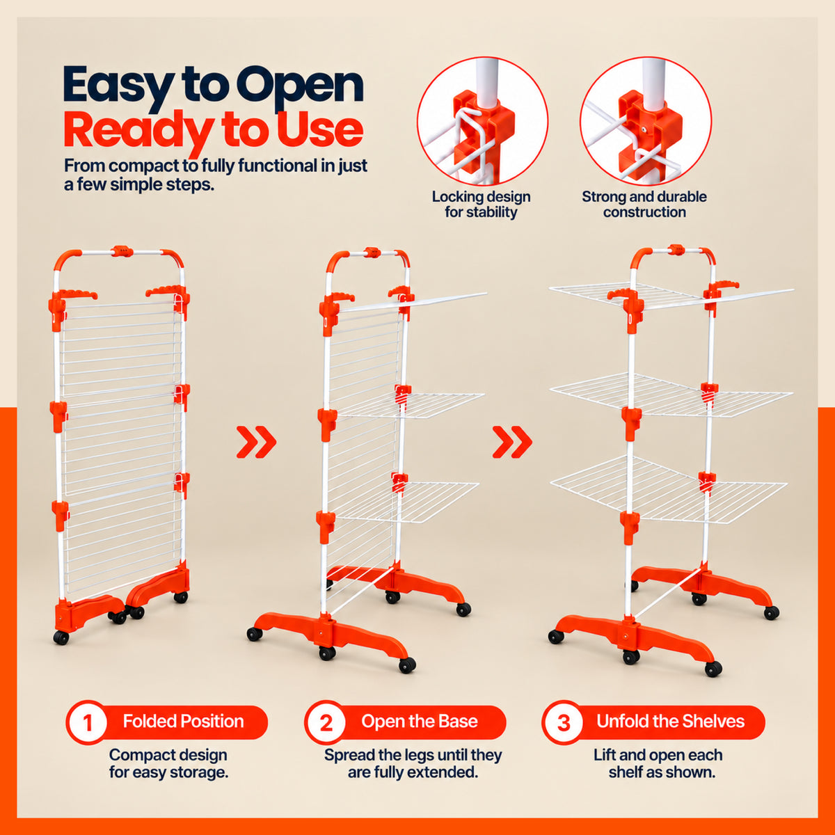 Bathla Compact 3-Tier Heavy Duty Clothes Drying Stand with Wheels Portable Steel Laundry Stand, Space Saving Foldable Drying Rack with Side Hangers for Drying Clothes at Home (Orange)