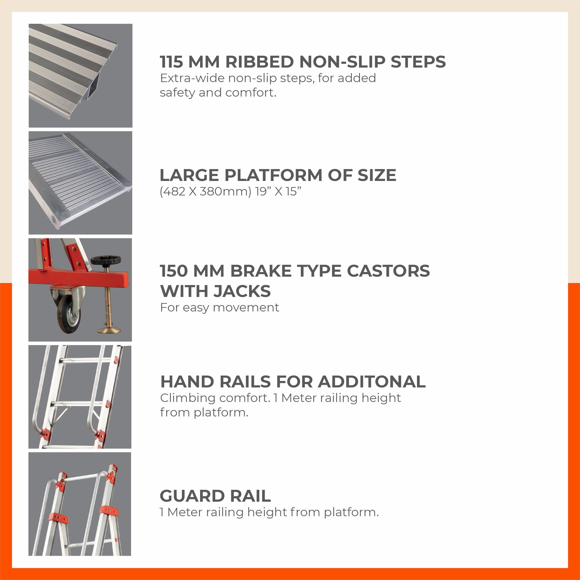 Bathla DS 3000 – Deluxe Self Supporting Ladder (‘U’ Section, 115MM Steps) with Platform, Handrails & Castors | Medium Duty, 150kg Load