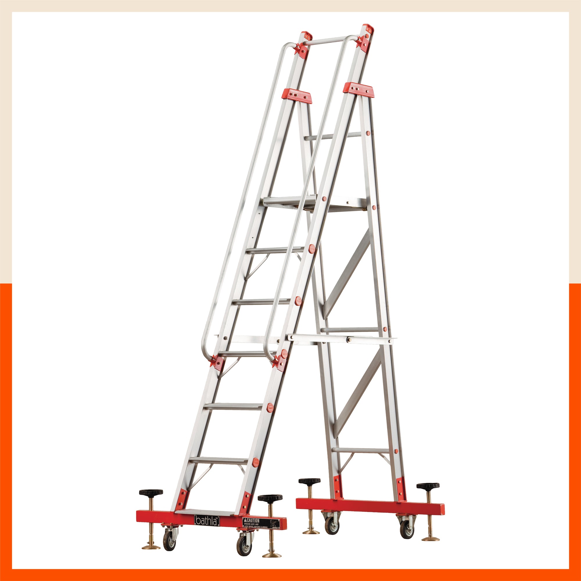 Bathla DS 3000 – Deluxe Self Supporting Ladder (‘U’ Section, 115MM Steps) with Platform, Handrails & Castors | Medium Duty, 150kg Load