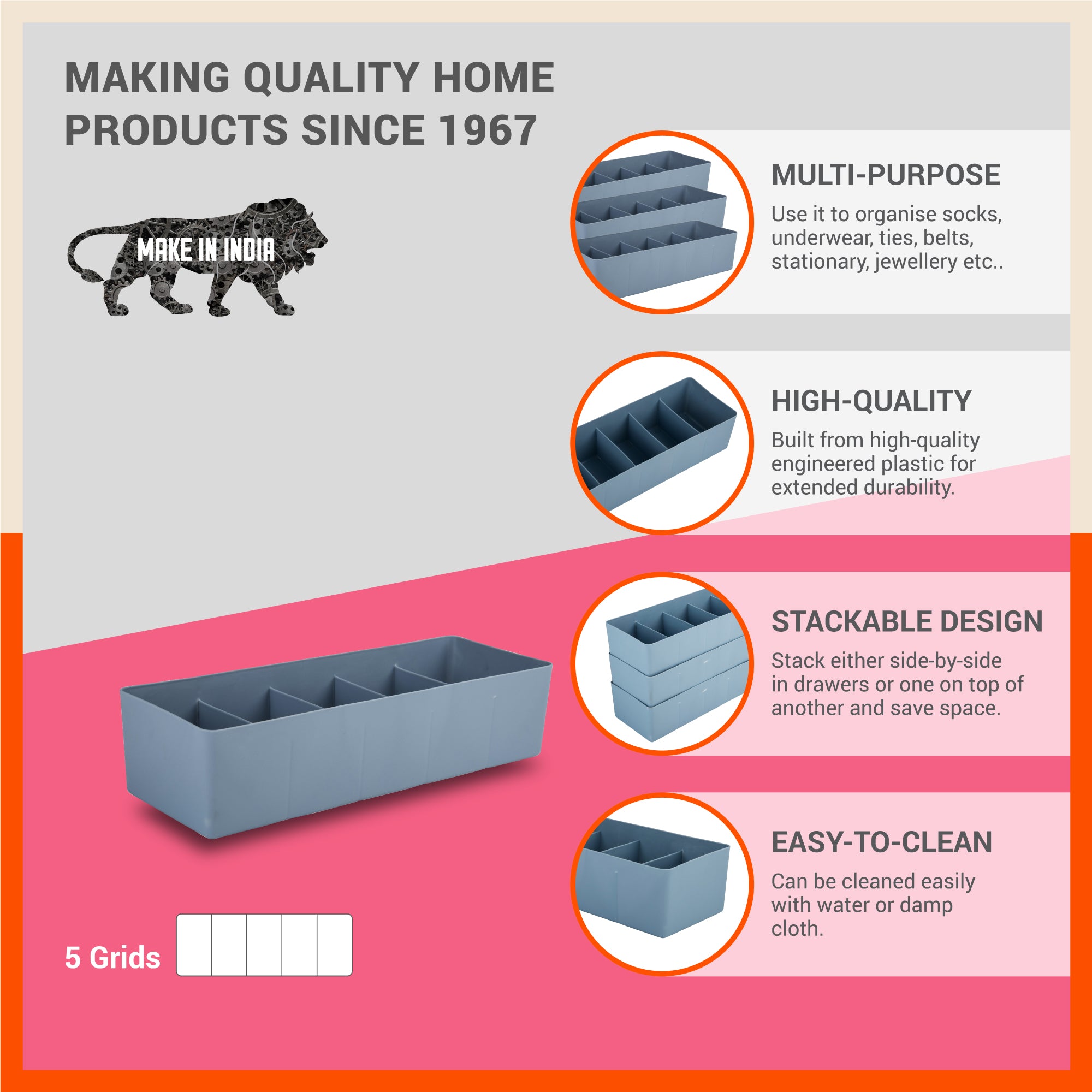 Stomo Dori Multi-Purpose Stackable Drawer Organizer For Home | Ash - Set of 3