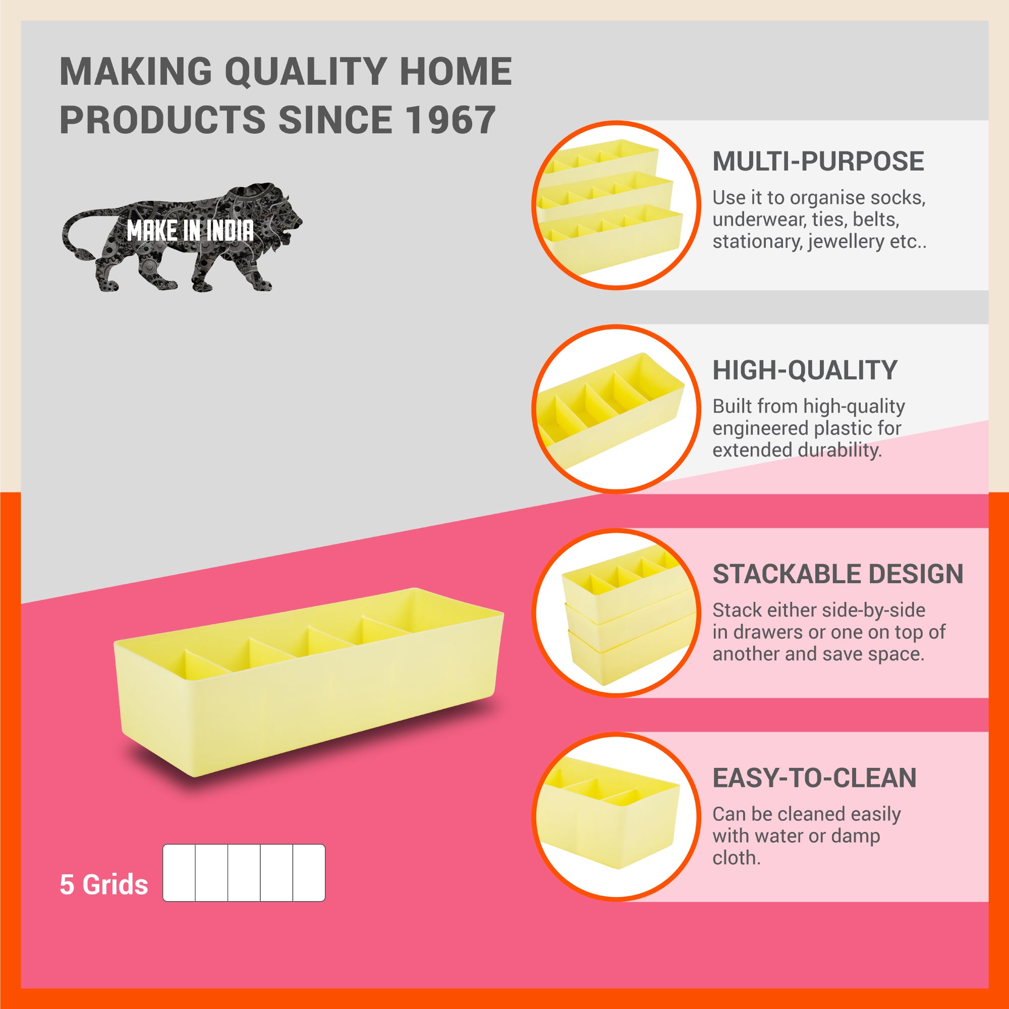 Stomo Dori Multi-Purpose Stackable Drawer Organizer For Home | Lemon - Set of 4