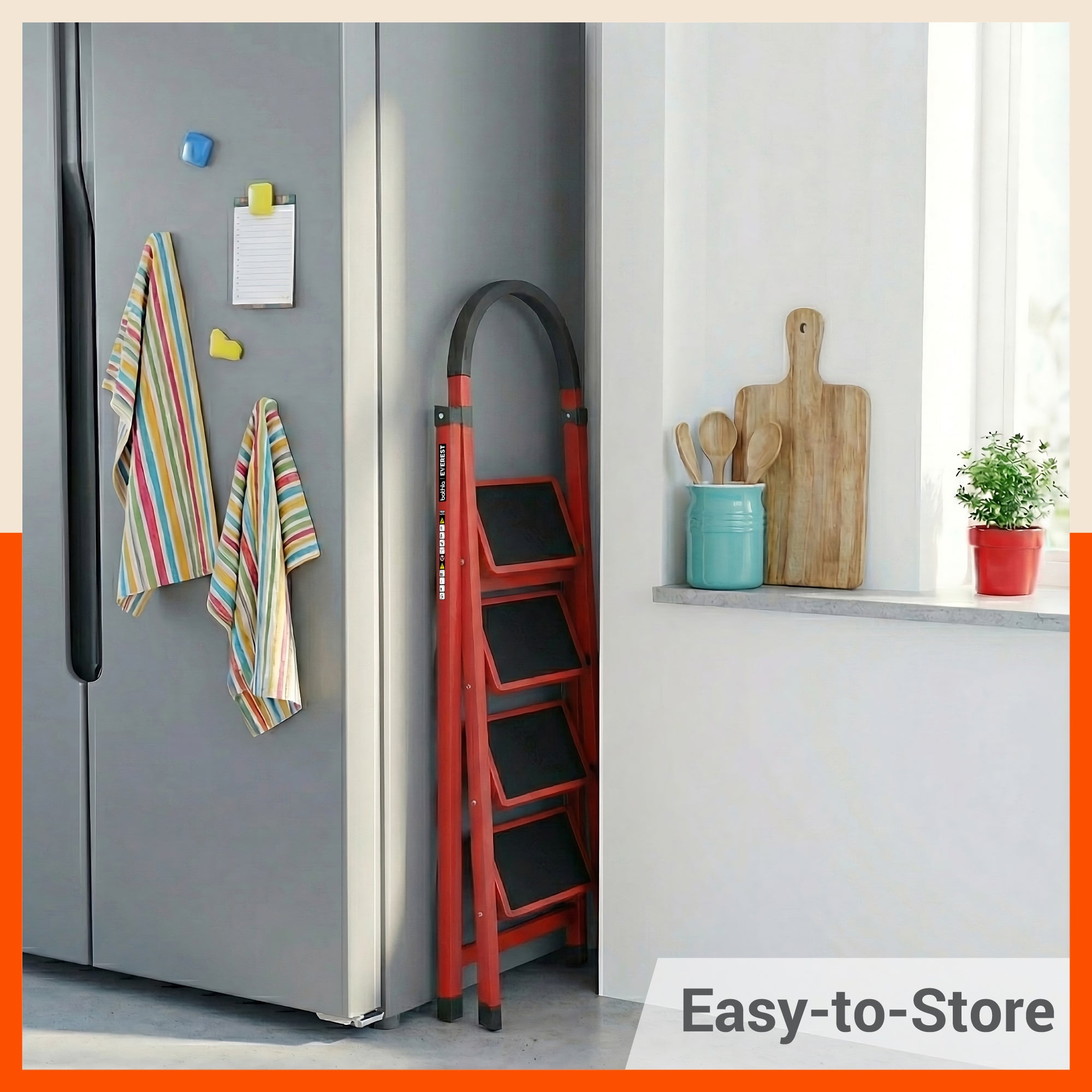 Bathla Everest 4 Step Steel Ladder with Safety Hand Grip | Durable & Anti-Skid | Lightweight & Foldable for Home & Office Use | 2 Year Manufacturer Warranty (Red)