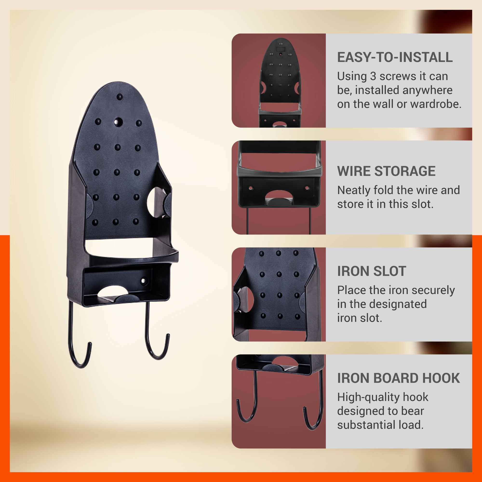Bathla Heat Resistant Wall Mounted Iron Board Holder with Steel Hooks | Space Saving Design - Organised Cables | Black
