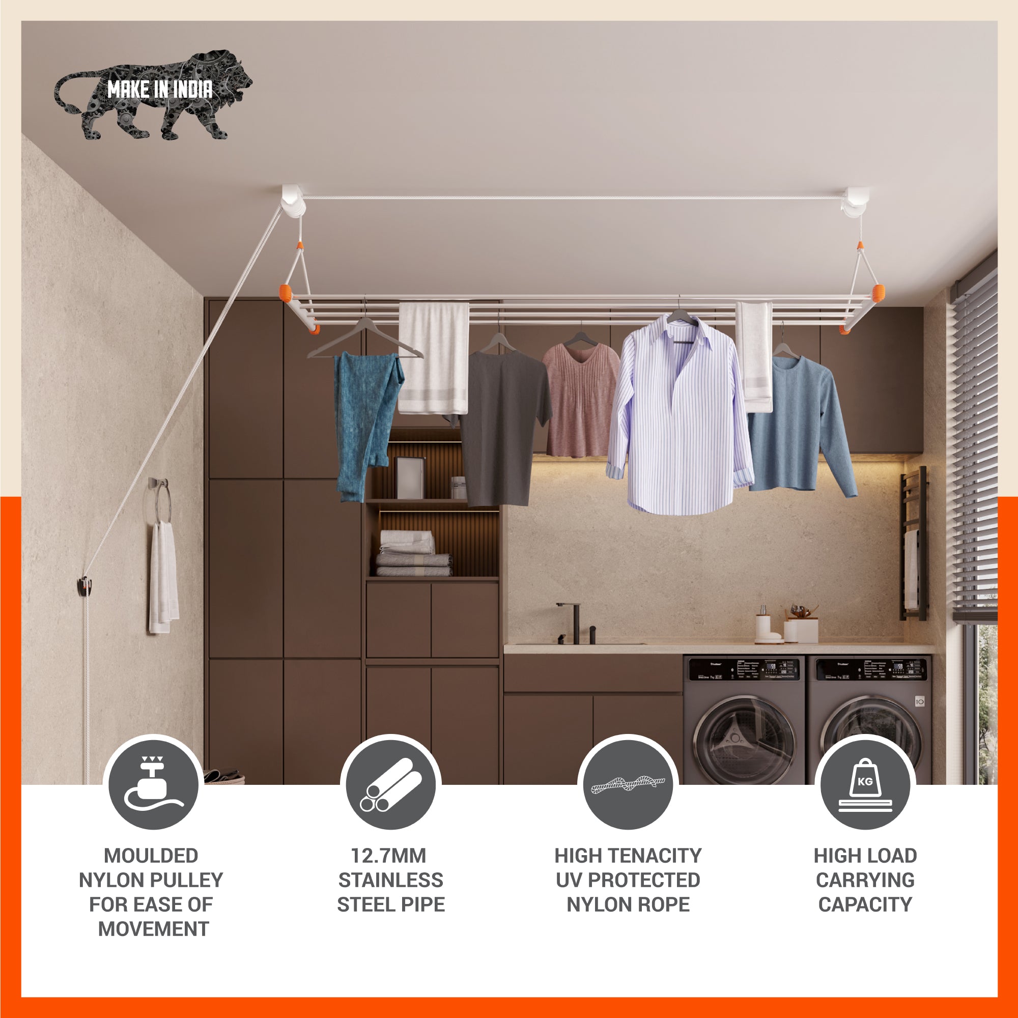 Bathla Mobidry LYFT Stainless Steel Ceiling Cloth Dryer - 4ft x 4 Pipes