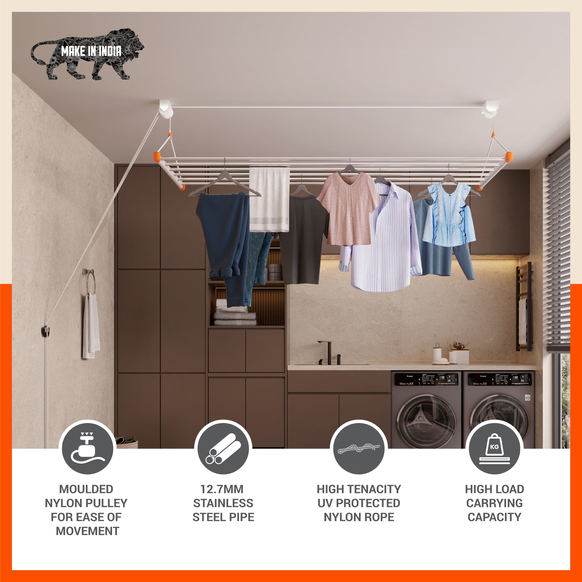 Bathla Mobidry LYFT Stainless Steel Ceiling Cloth Dryer - 8ft x 6 Pipes