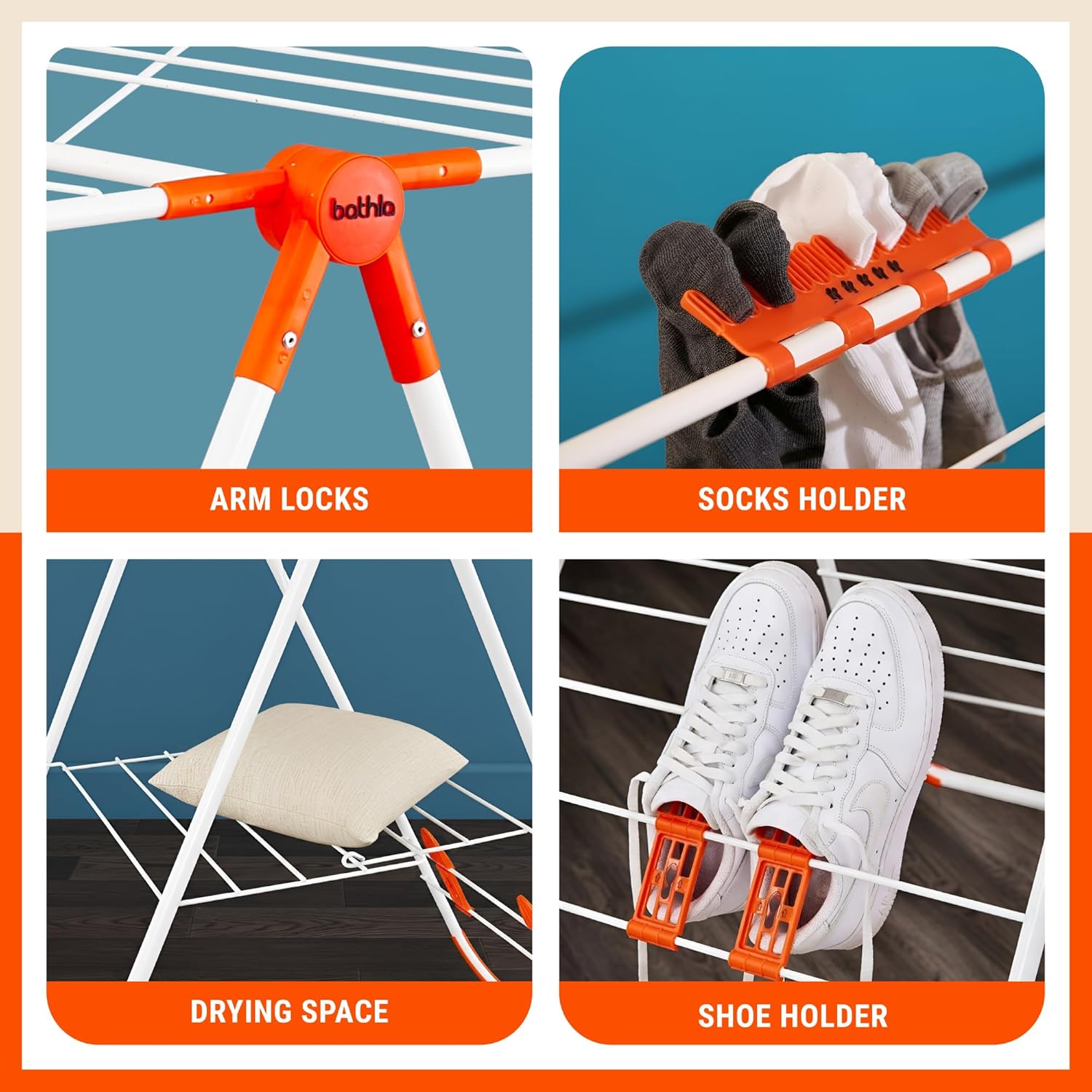 Bathla Mobidry Neo Foldable Cloth Drying Stand for Home (147 x 56 x 110 cm, (Orange)