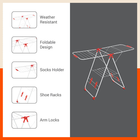 Bathla Mobidry Titan - Foldable Cloth Drying Stand For Home (White & Red)