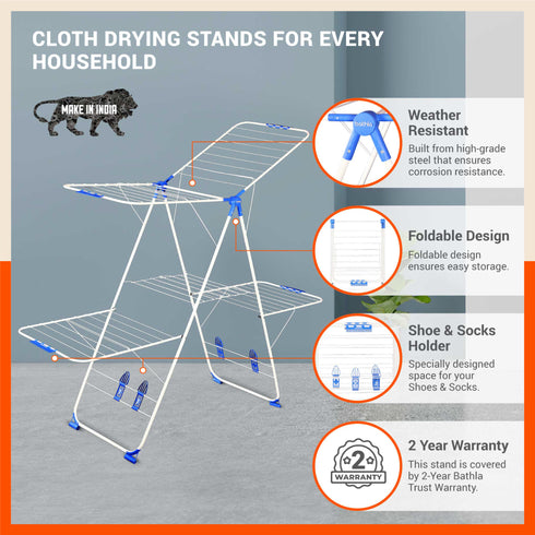 Bathla Mobidry Neo+ 2-Level Foldable Cloth Drying Stand for Home (White & Blue - XL)