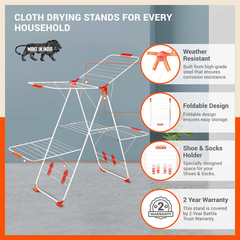Bathla Mobidry Neo+ 2-Level Foldable Cloth Drying Stand for Home (White & Orange - XL)
