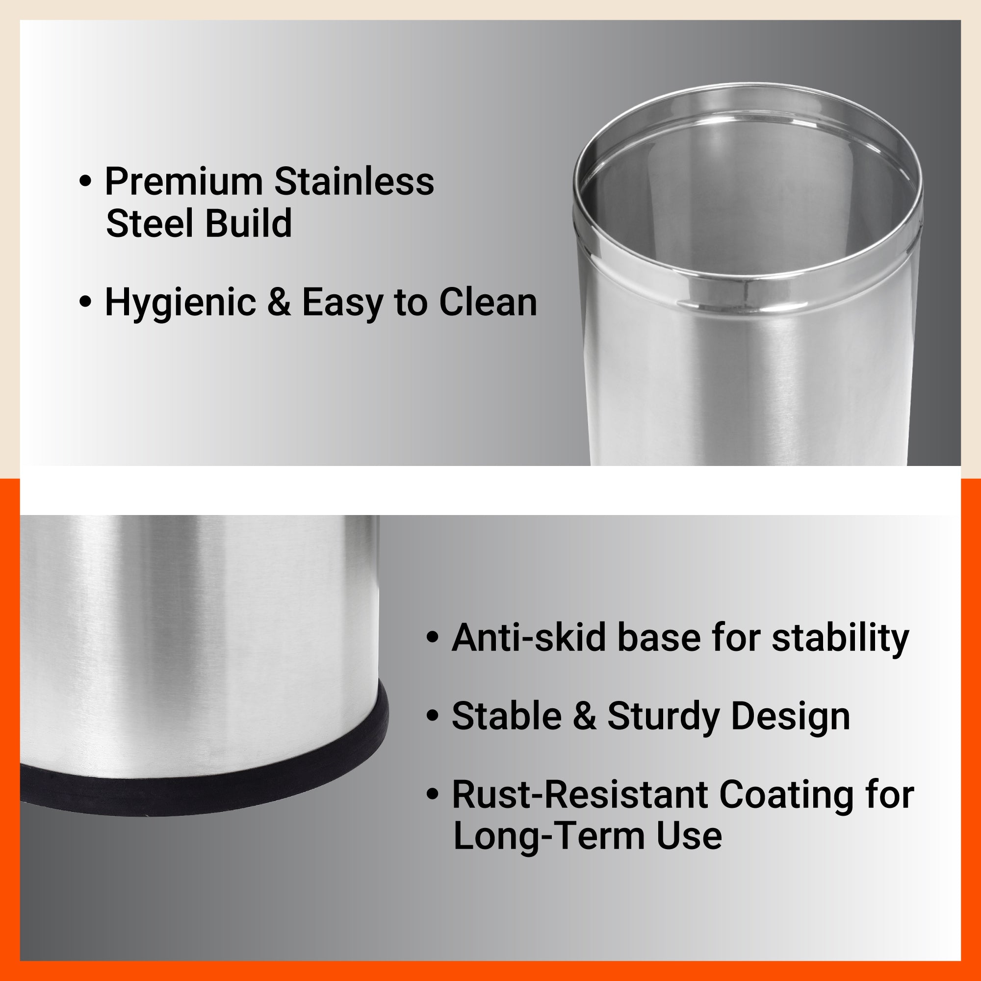 Bathla Stainless Steel Open Dustbin for Home, Office & Kitchen - 8 Litres | Open Top Garbage Bin for Dry Waste, Paper & Recycling | Durable, Rust-Resistant & Space-Saving Trash Can