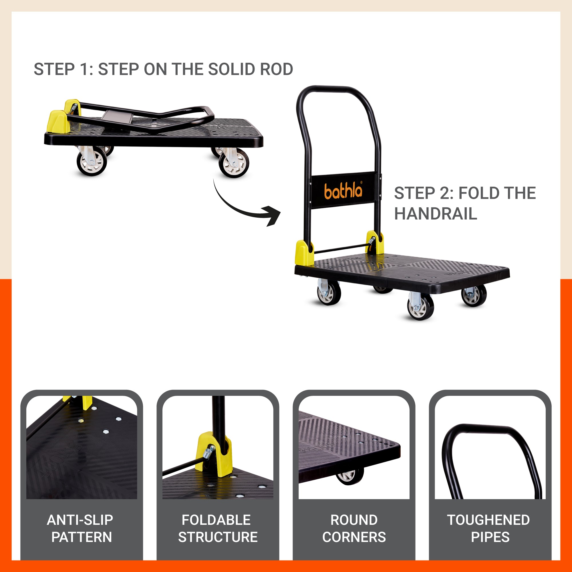 Bathla 200 Kg Capacity PVC Foldable Platform Trolley for Heavy Weight/Material Handling Goods Trolley with 360* Rotating TPR Wheels for Home, Office, Warehouse & Industries - (4 Wheel/Black)