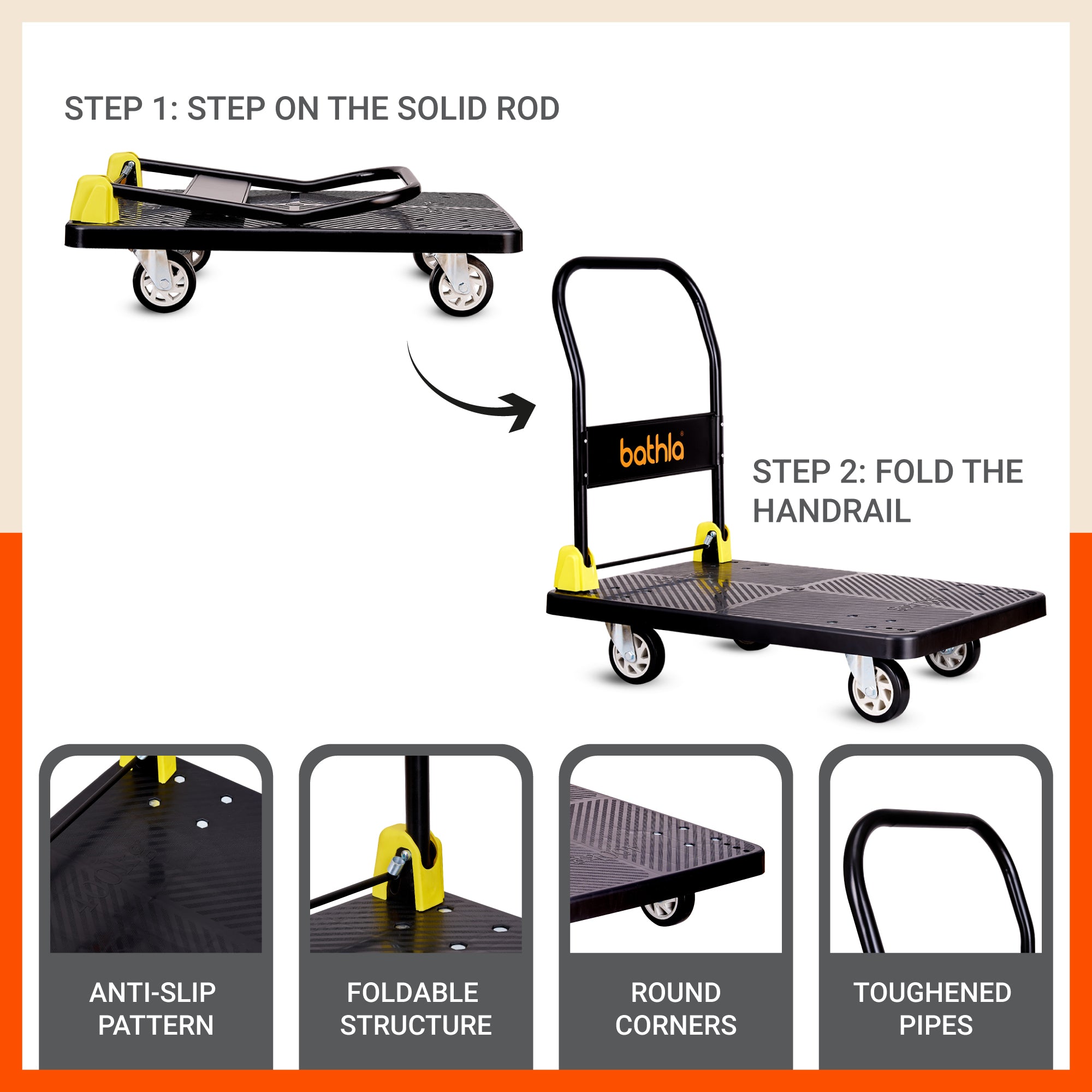 Bathla 400 Kg Capacity PVC Foldable Platform Trolley for Heavy Weight/Material Handling Goods Trolley with 360* Rotating TPR Wheels for Home, Office, Warehouse & Industries - (4 Wheel/Black)