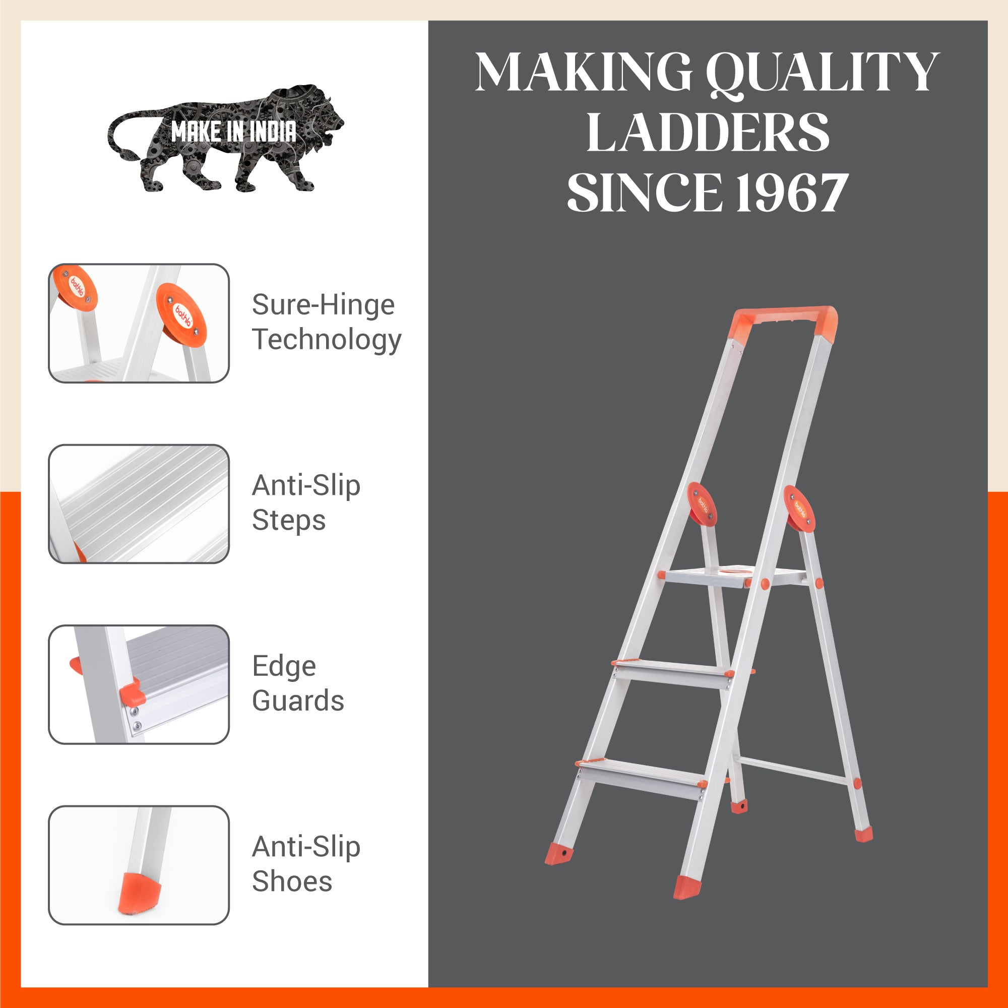 Bathla Prime 3 - Step Aluminium Ladder for Home with Multi Utility Support Handle - Orange