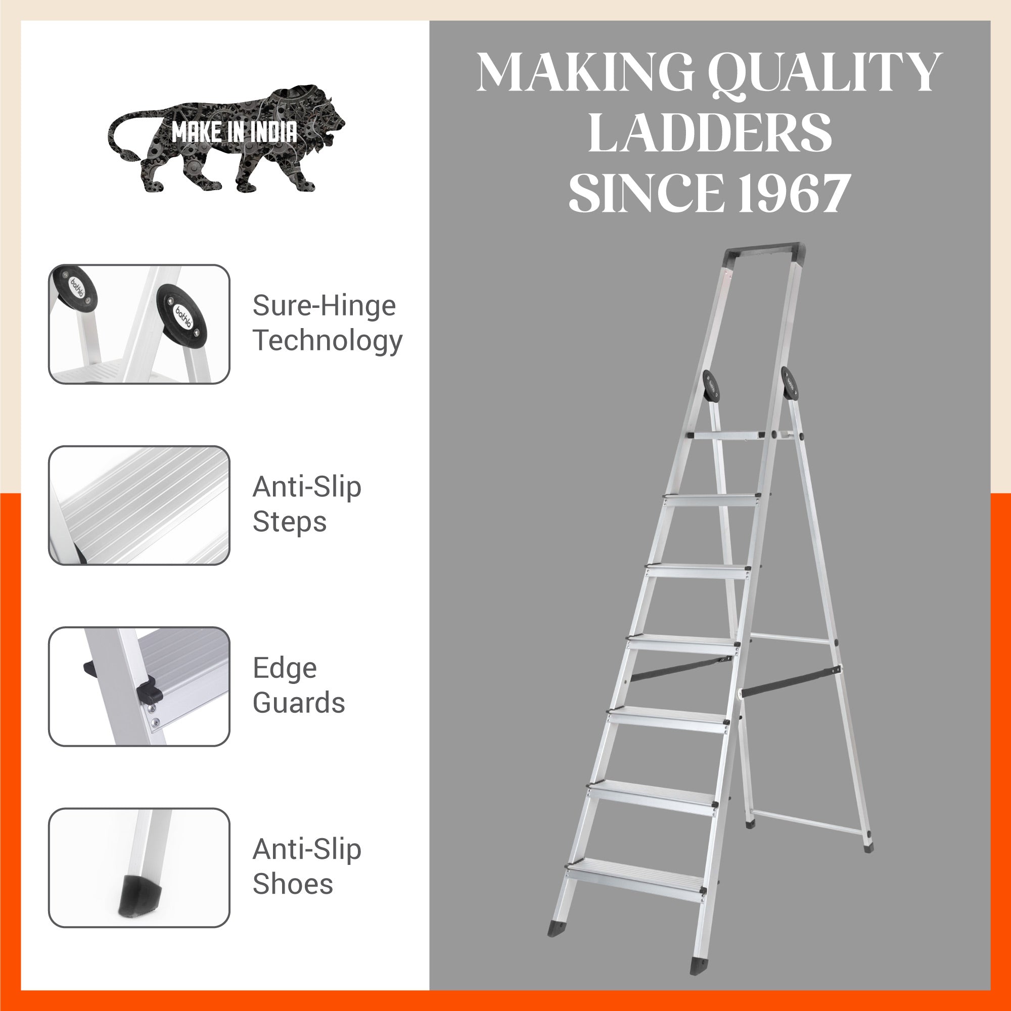 Bathla Prime 7-Step Foldable Aluminium Ladder for Home with Multi-Utility Support Handle (Black)