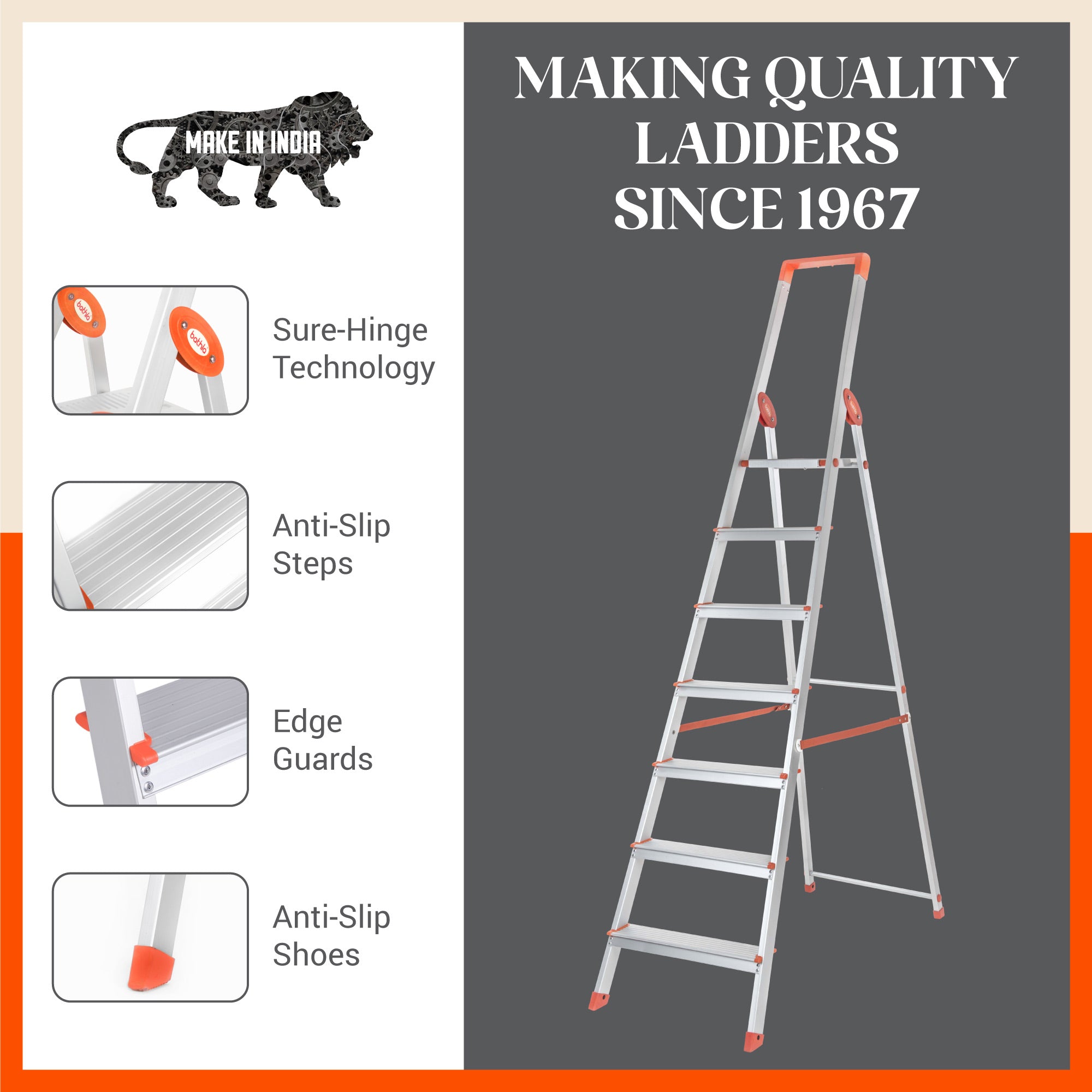 Bathla Prime 7-Step Foldable Aluminium Ladder for Home with Multi-Utility Support Handle (Orange)