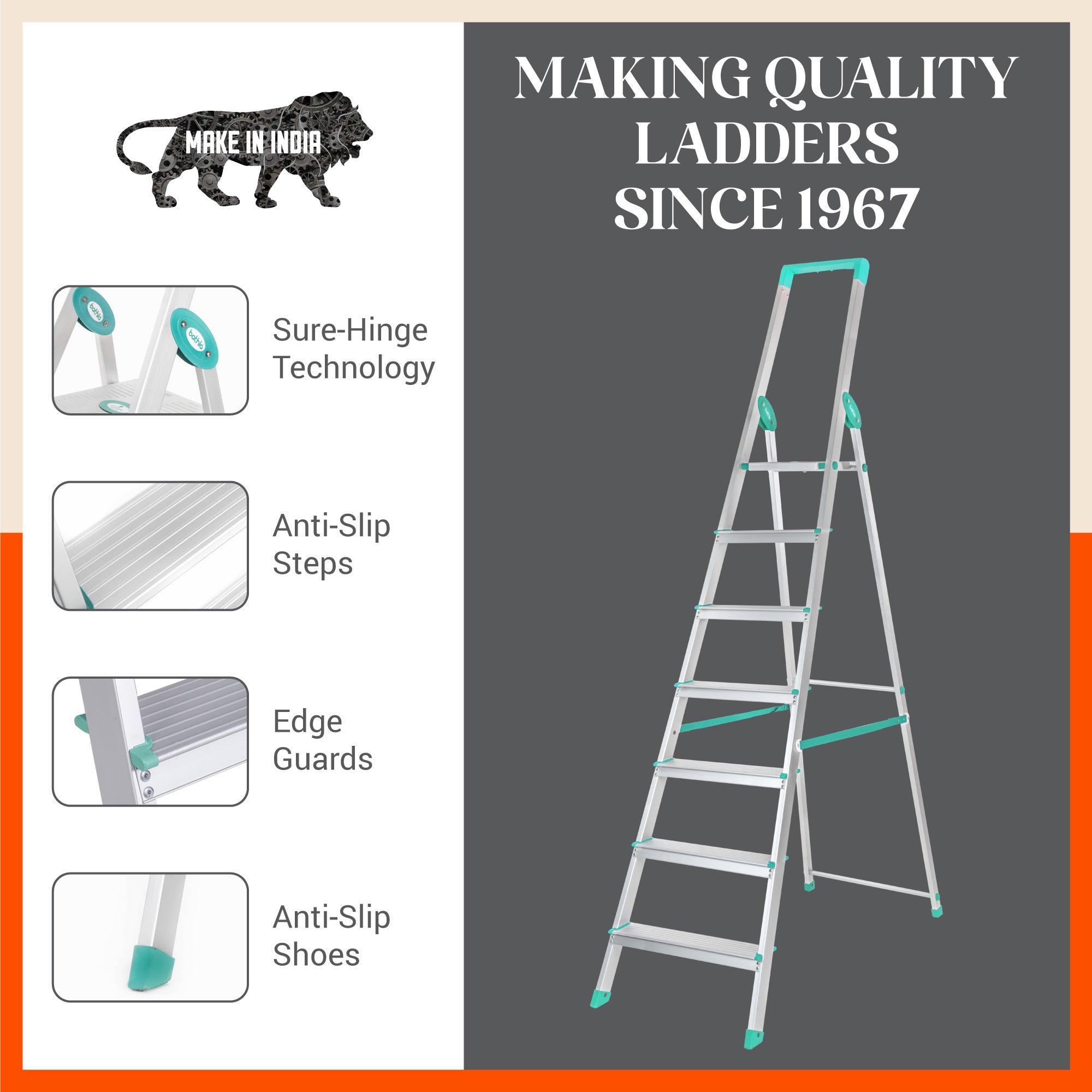 Bathla Prime 7-Step Foldable Aluminium Ladder for Home with Multi-Utility Support Handle (Teal)