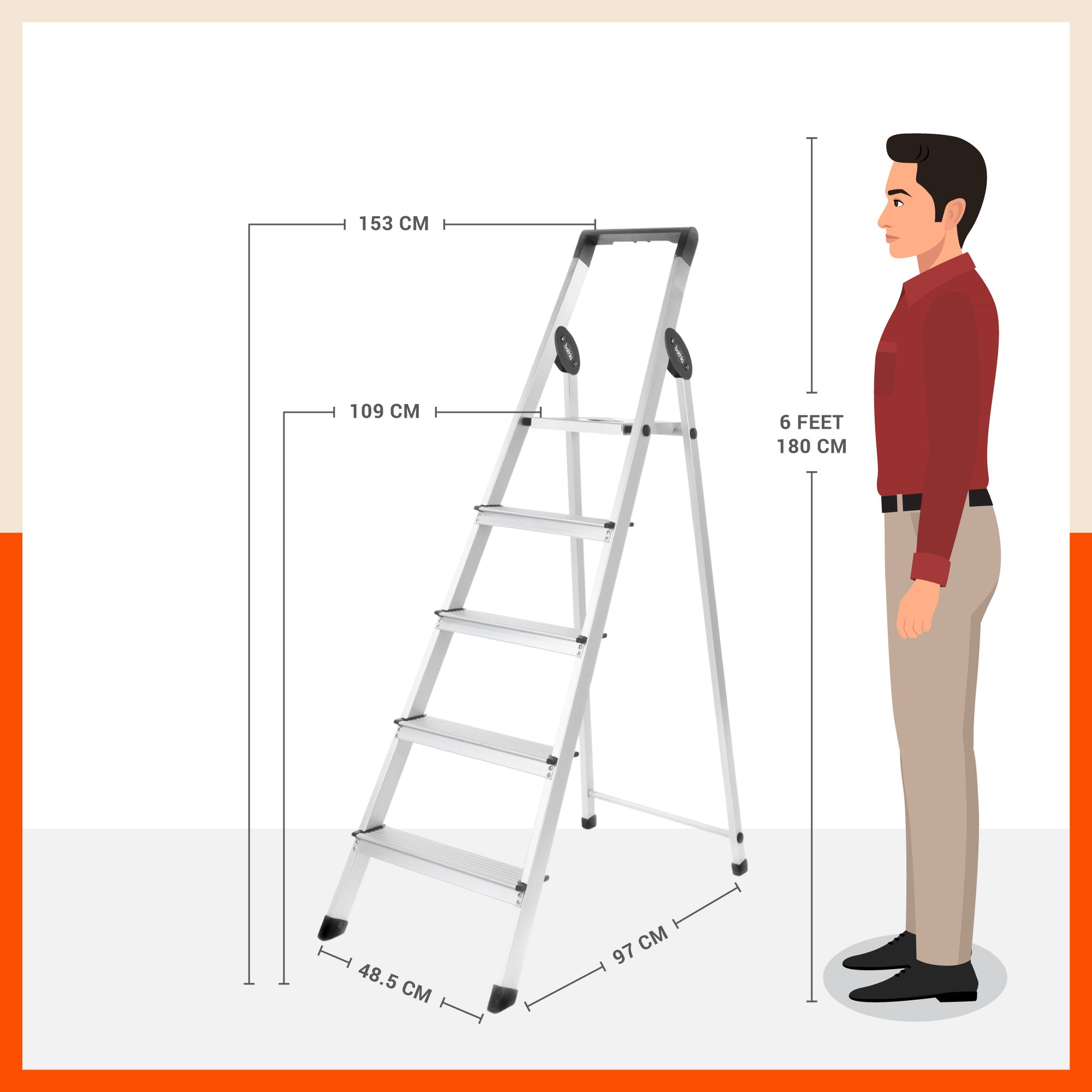 Bathla Prime 5-Step Foldable Aluminium Ladder for Home with Multi-Utility Support Handle (Black)