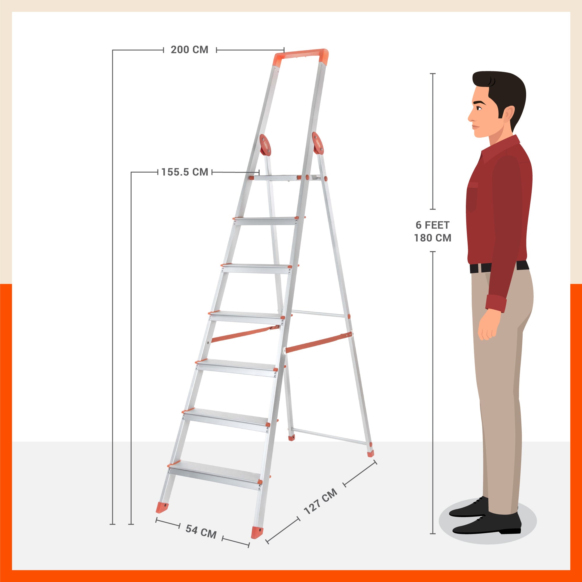 Bathla Prime 7-Step Foldable Aluminium Ladder for Home with Multi-Utility Support Handle (Orange)