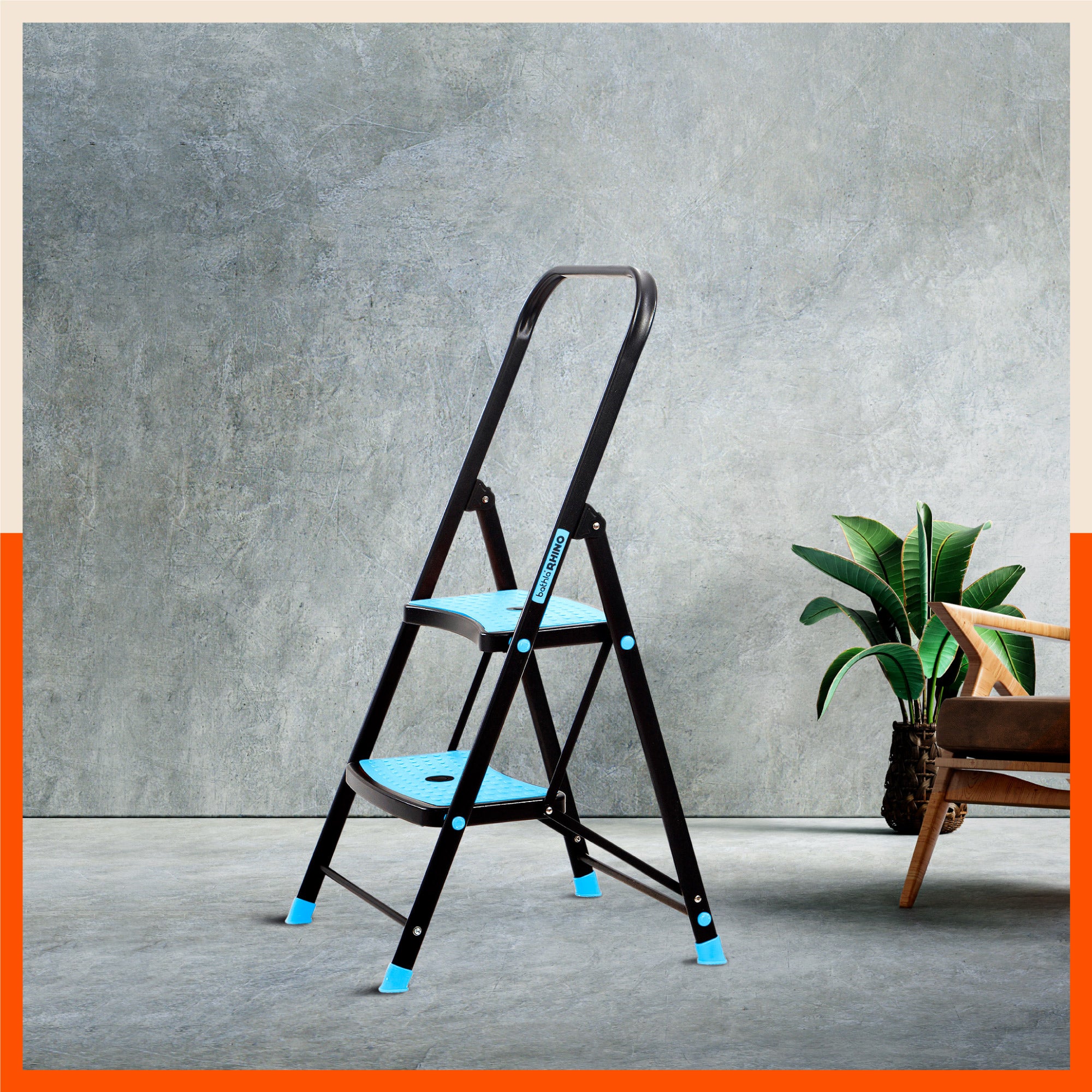 Bathla Boost Rhino 2-Step Foldable Steel Ladder for Home (Black + Blue)