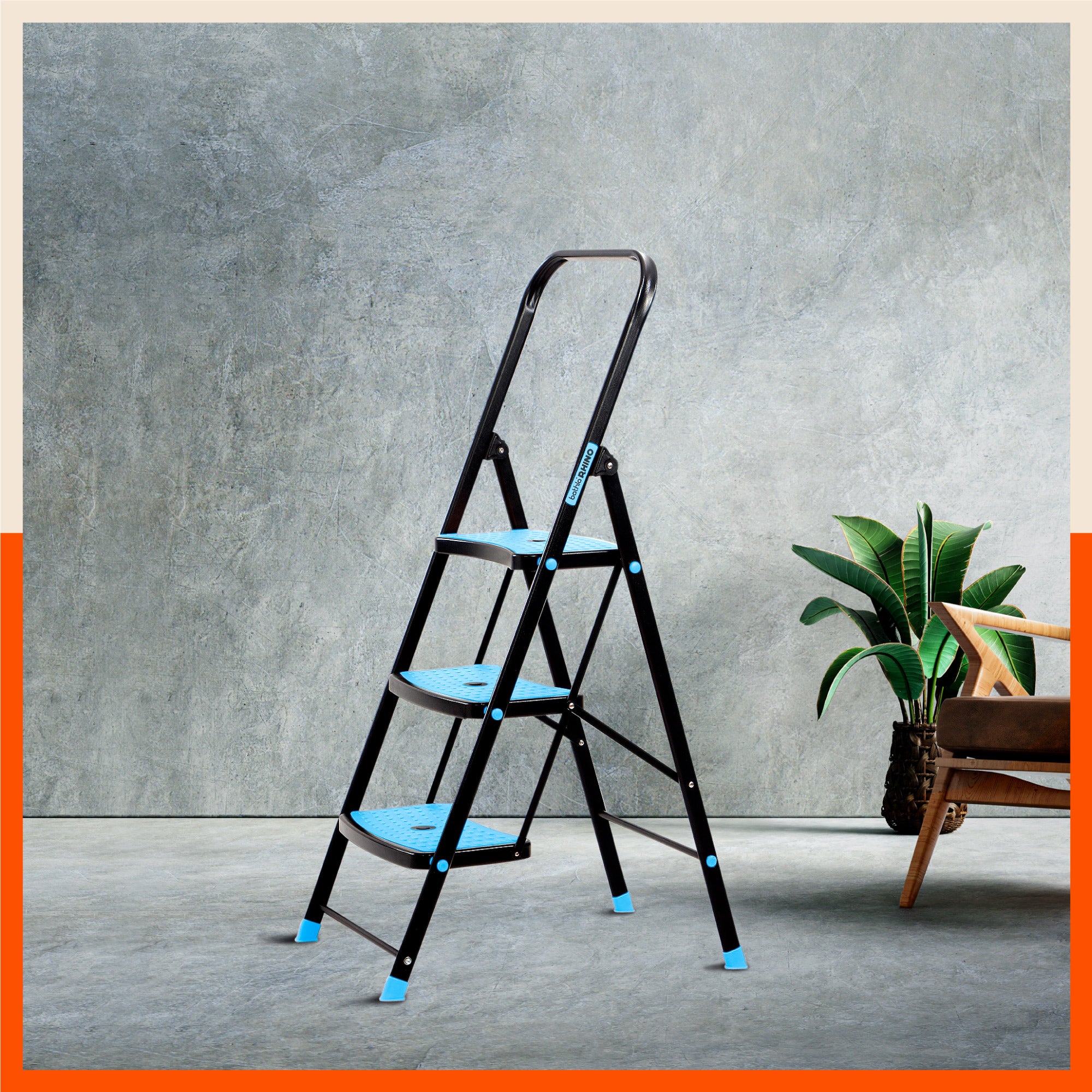 Bathla Boost Rhino 3 - Step Foldable Steel Ladder For Home (Black + Blue)