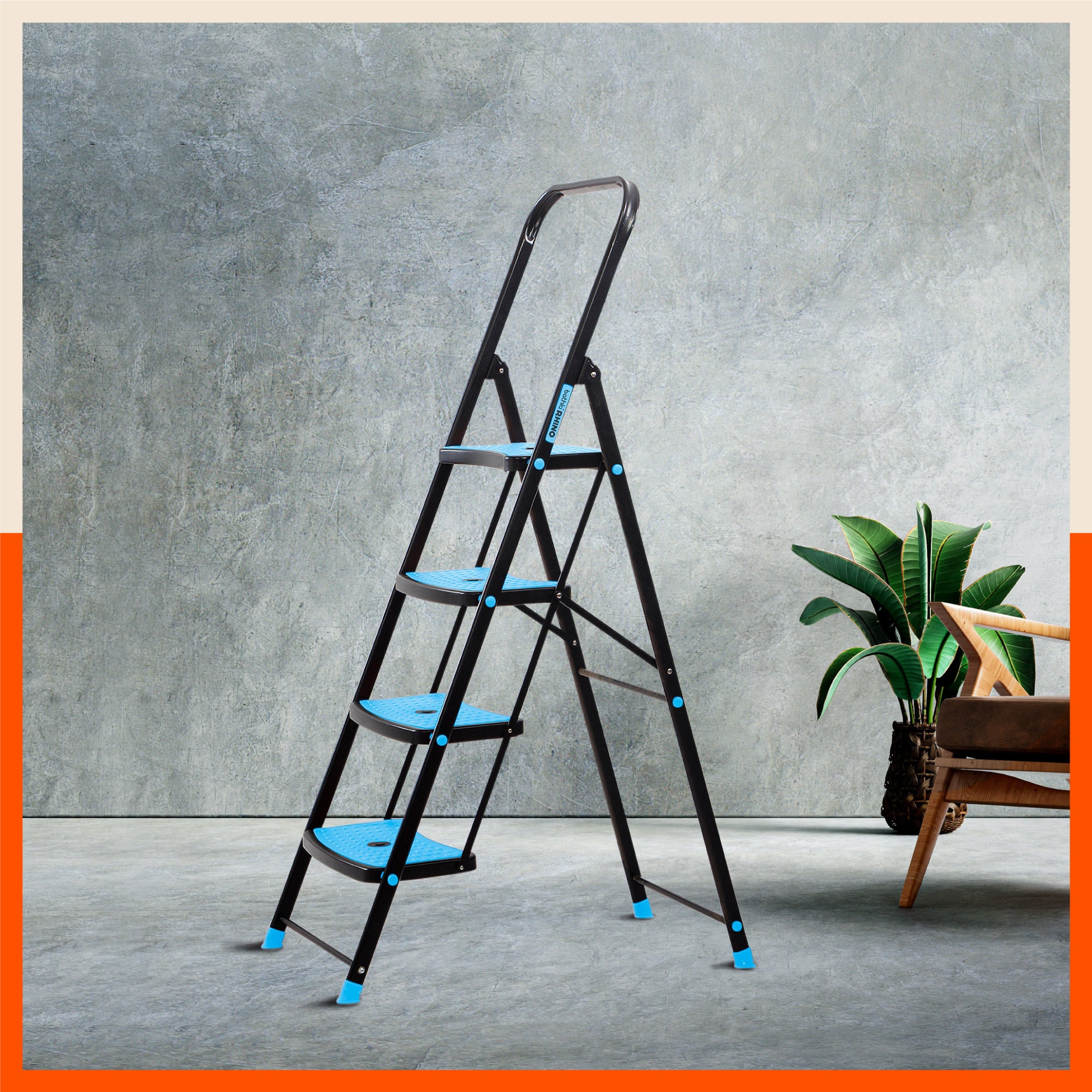 Bathla Boost Rhino 4 - Step Foldable Steel Ladder For Home (Black + Blue)