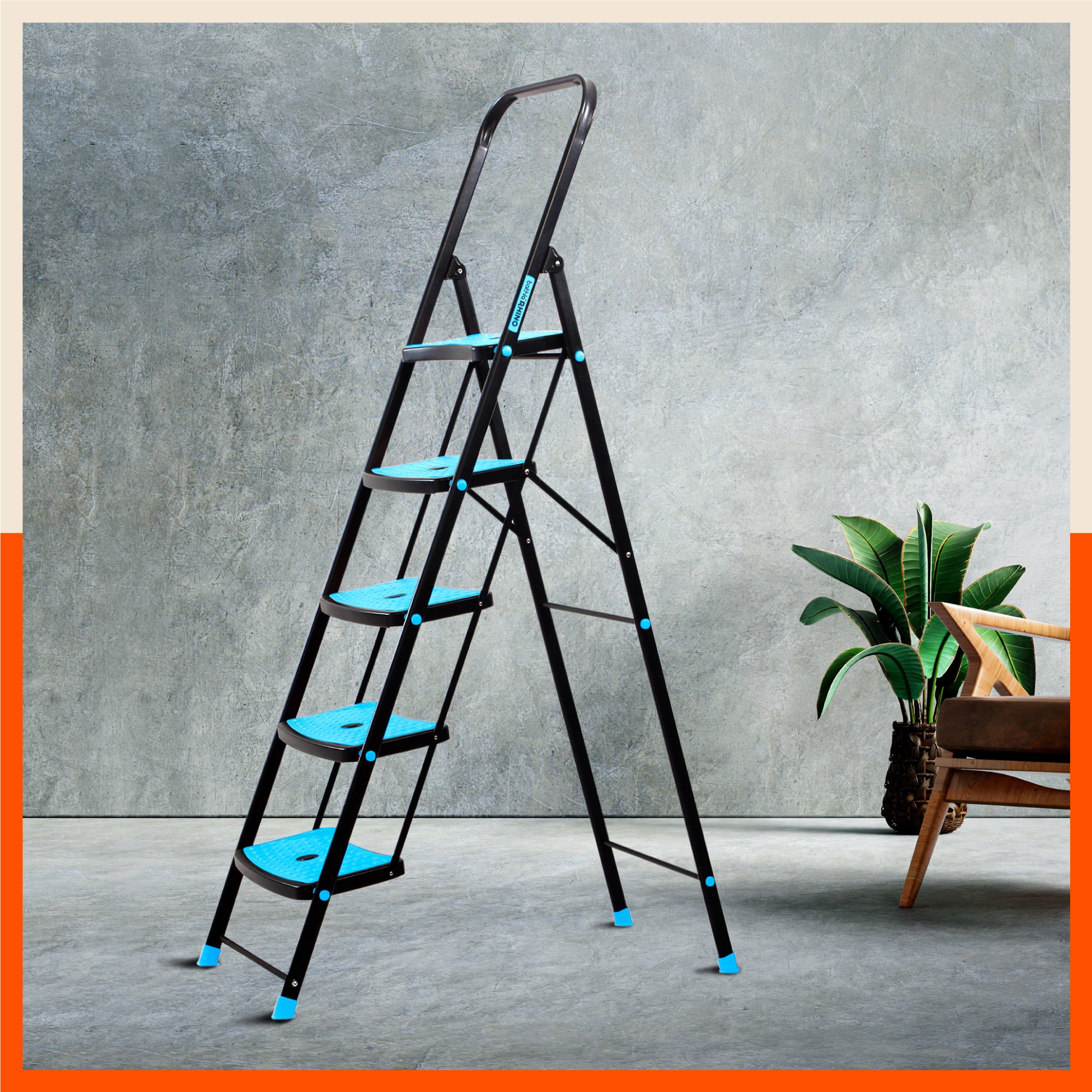 Bathla Boost Rhino 5 - Step Foldable Steel Ladder For Home (Black + Blue)