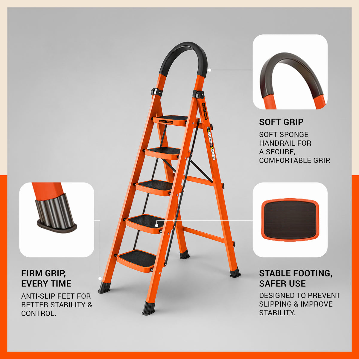 Bathla Rhino 5-Step Steel Ladder, Heavy Duty Foldable Step Ladder with Anti-Skid Wide Steps, Safety Handrail | 150 kg Load Capacity | Home, Kitchen & Office Use | Orange | 2-Year Warranty