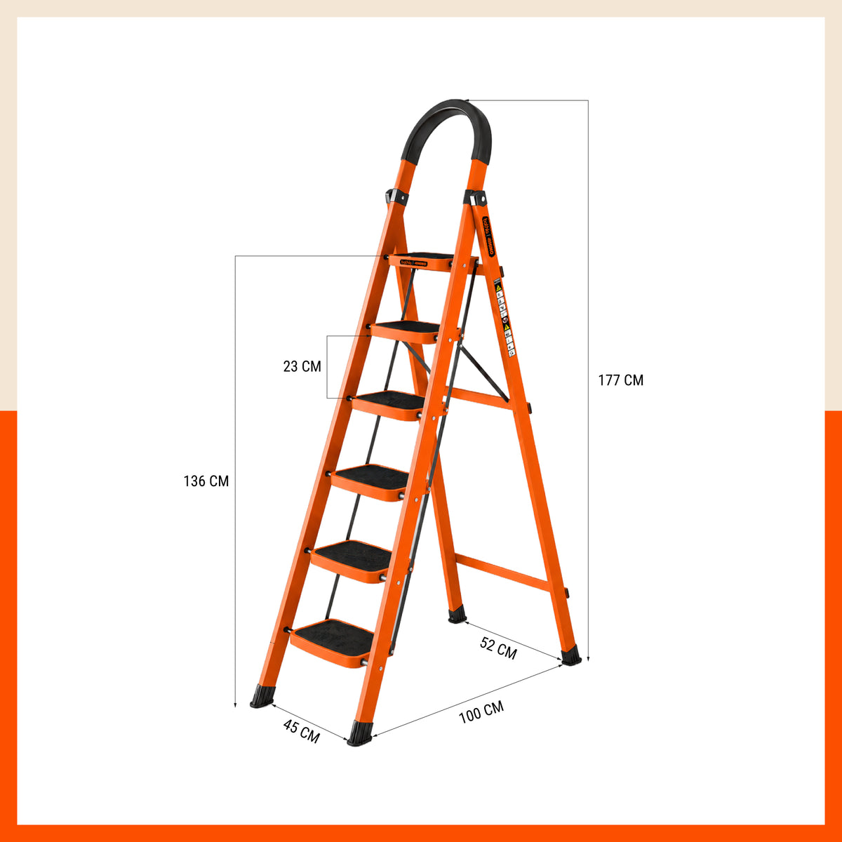 Bathla Rhino 6-Step Steel Ladder, Heavy Duty Foldable Step Ladder with Anti-Skid Wide Steps, Safety Handrail | 150 kg Load Capacity | Home, Kitchen & Office Use | Orange | 2-Year Warranty