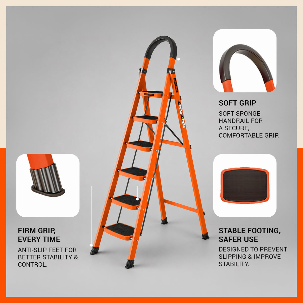 Bathla Rhino 7-Step Steel Ladder, Heavy Duty Foldable Step Ladder with Anti-Skid Wide Steps, Safety Handrail | 150 kg Load Capacity | Home, Kitchen & Office Use | Orange | 2-Year Warranty