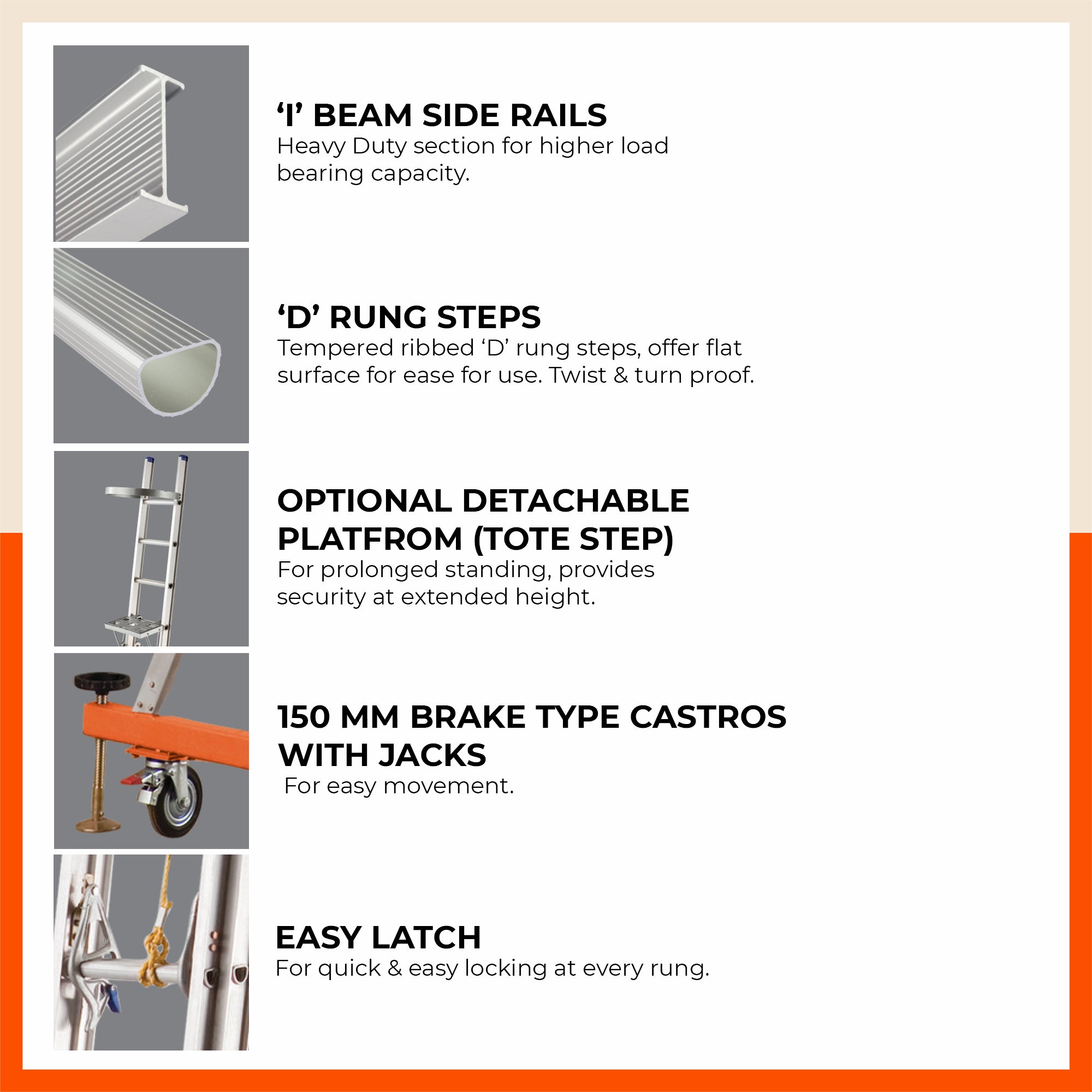 Bathla SE 4100 – Deluxe Self Supporting Ladder (‘I’ BEAM - ‘D” RUNG) with Rope & Pulley System | Medium Duty, 150 kg Load