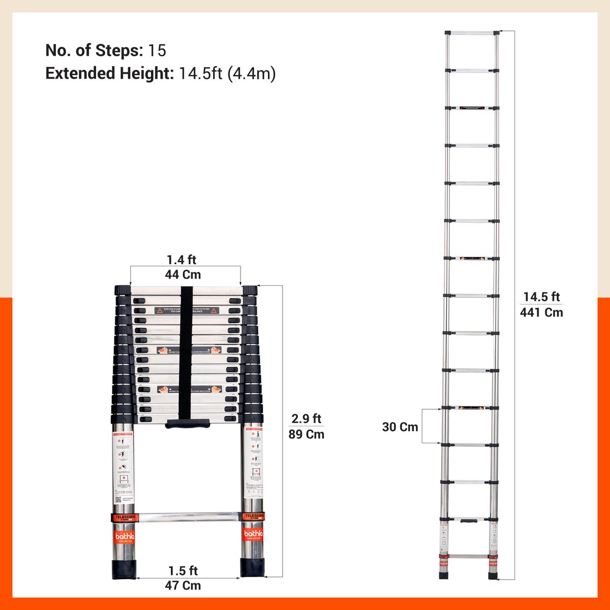 Bathla 14.5ft Stainless Steel Telescopic Ladder | Portable & Compact | Foldable Multipurpose Ladder for Home & Outdoor use(14 Steps - 4.4m)