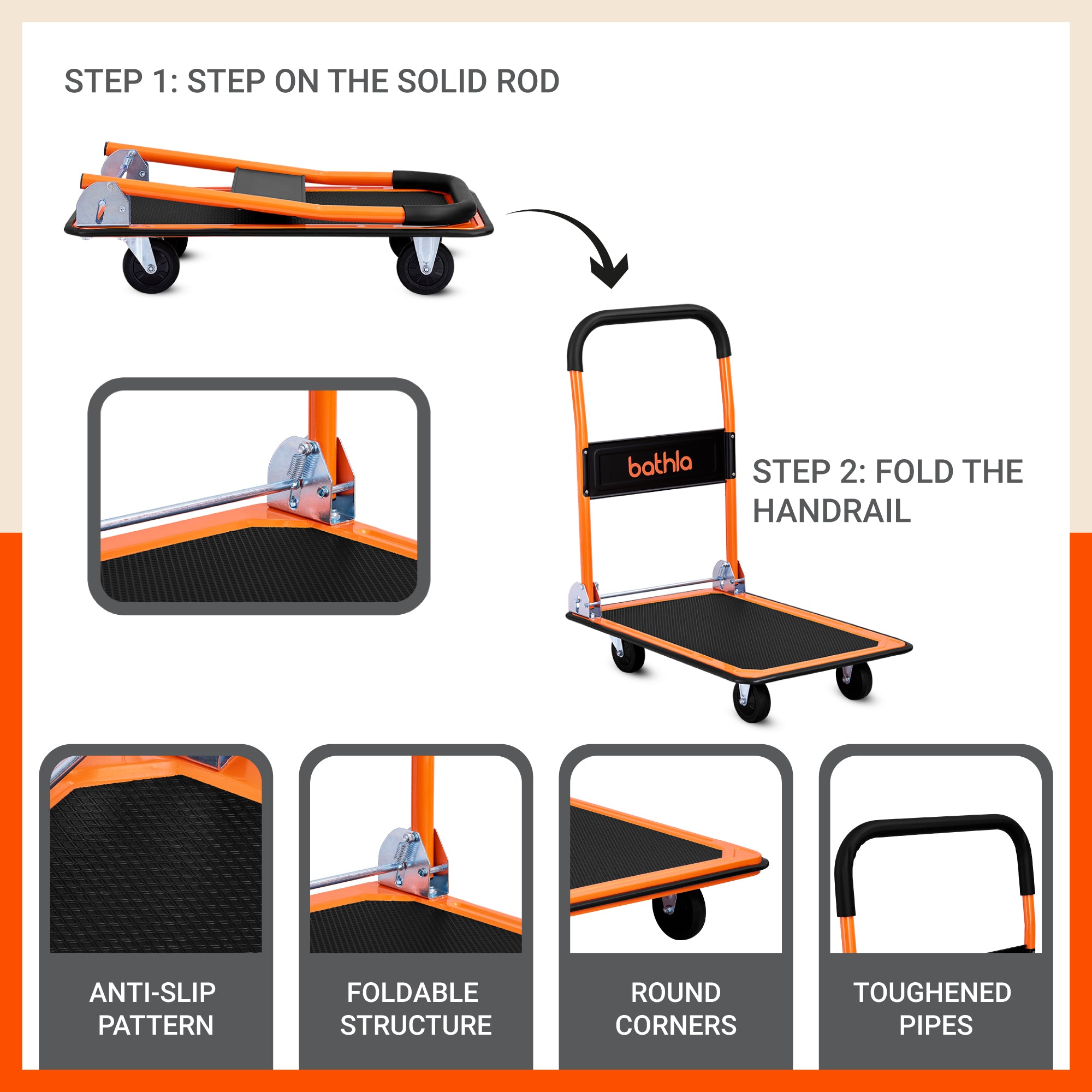 Bathla 150 Kg Capacity Steel Foldable Platform Trolley for Heavy Weight/Material Handling Goods Trolley with 360* Rotating TPR Wheels for Home, Office, Warehouse & Industries (4 Wheel/Black)