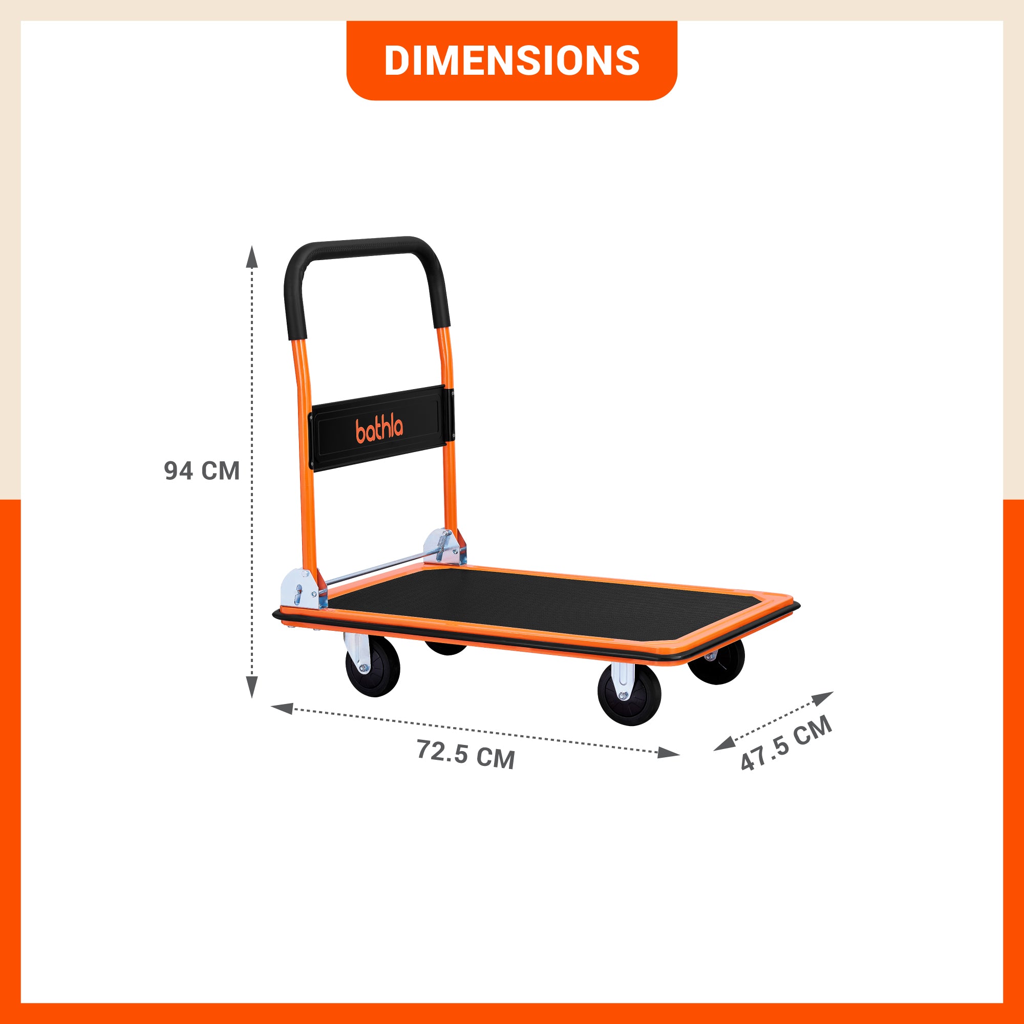 Bathla 150 Kg Capacity Steel Foldable Platform Trolley for Heavy Weight/Material Handling Goods Trolley with 360* Rotating TPR Wheels for Home, Office, Warehouse & Industries (4 Wheel/Black)