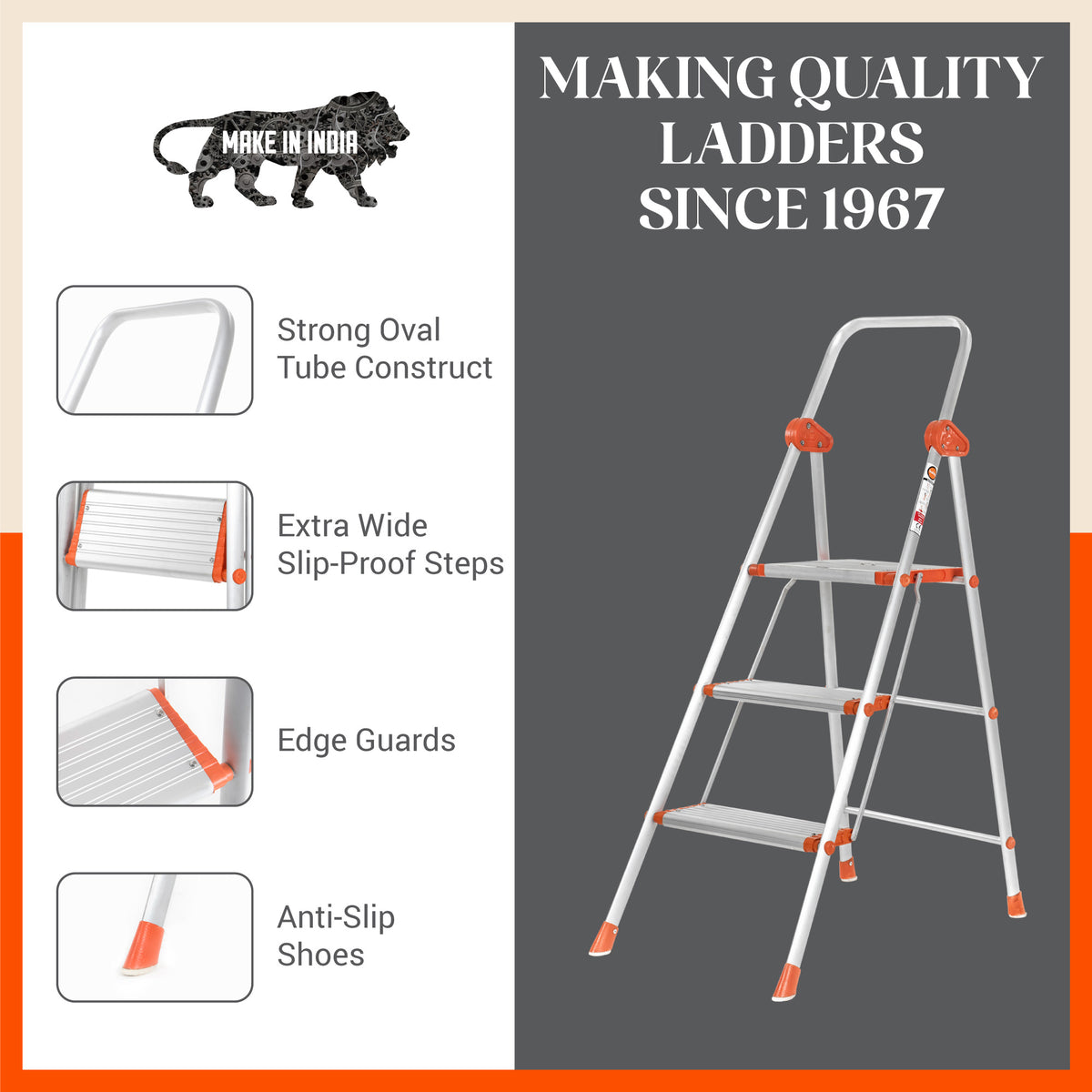 Surge 3 Step Foldable Aluminium Ladder For Home Bathla Home