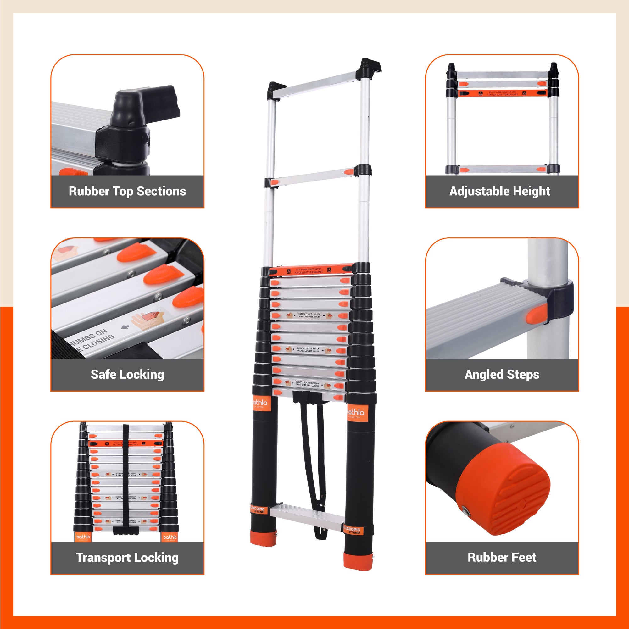 Bathla X-TEND 9.5 ft Aluminium Telescopic Ladder | Made in India (10 Step - 2.9 Mtr)