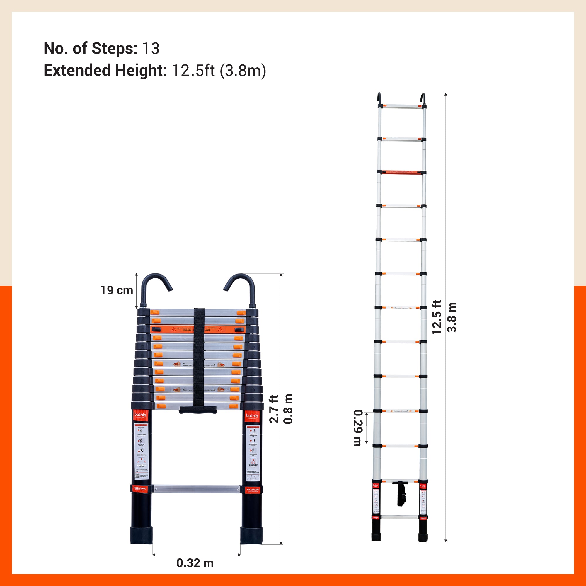 Bathla 12.5 ft Aluminium Telescopic Ladder | 2-Year Manufacturer Warranty | Portable & Compact | Made in India (13 Step - 3.8 mtr)