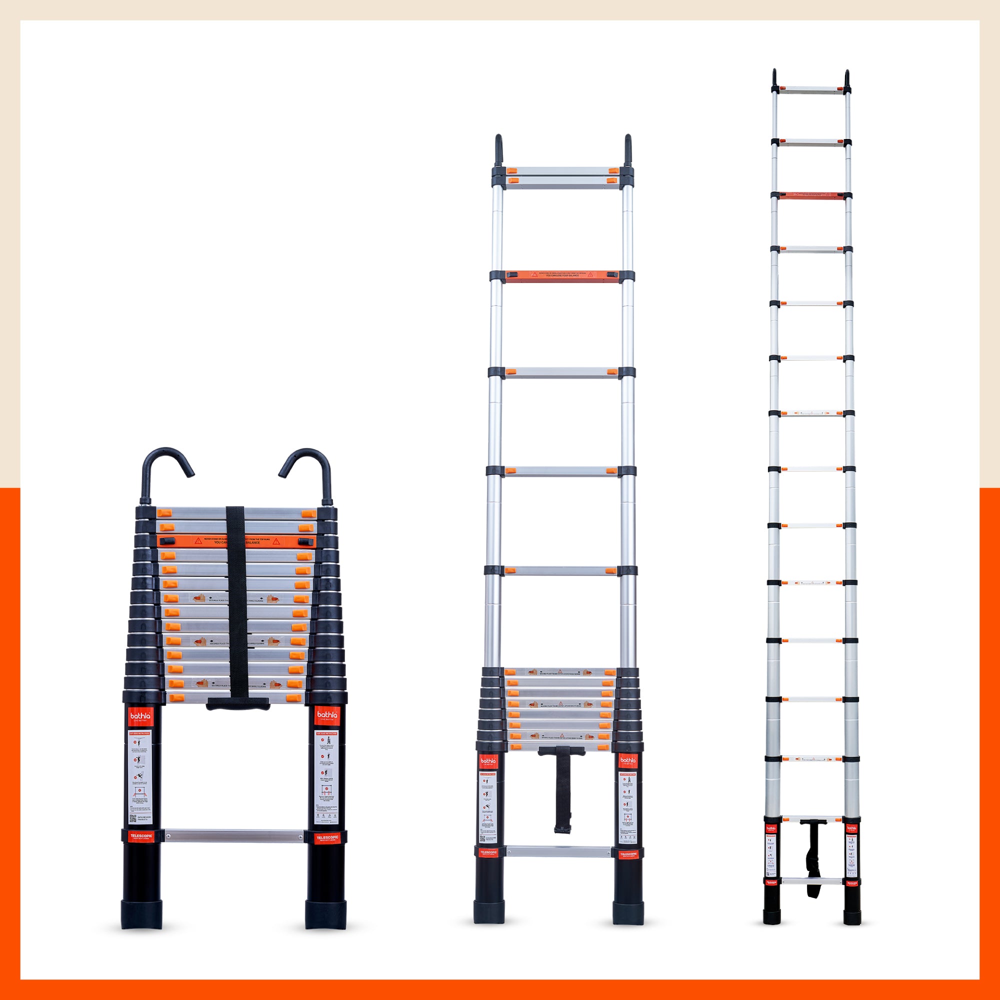 Bathla 14.5ft Aluminium Telescopic Ladder | 2-Year Manufacturer Warranty | Portable & Compact | Made in India (15 Step - 4.4 mtr)