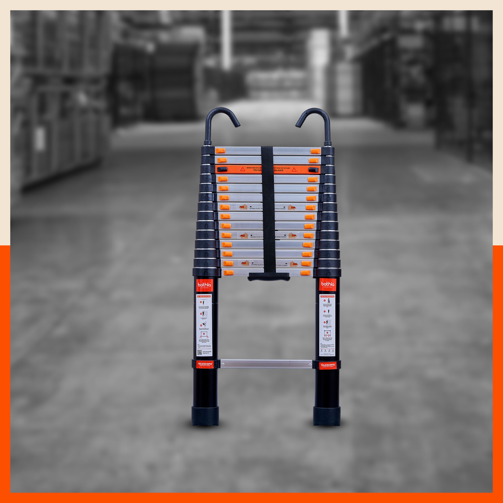 Bathla 14.5ft Aluminium Telescopic Ladder | 2-Year Manufacturer Warranty | Portable & Compact | Made in India (15 Step - 4.4 mtr)