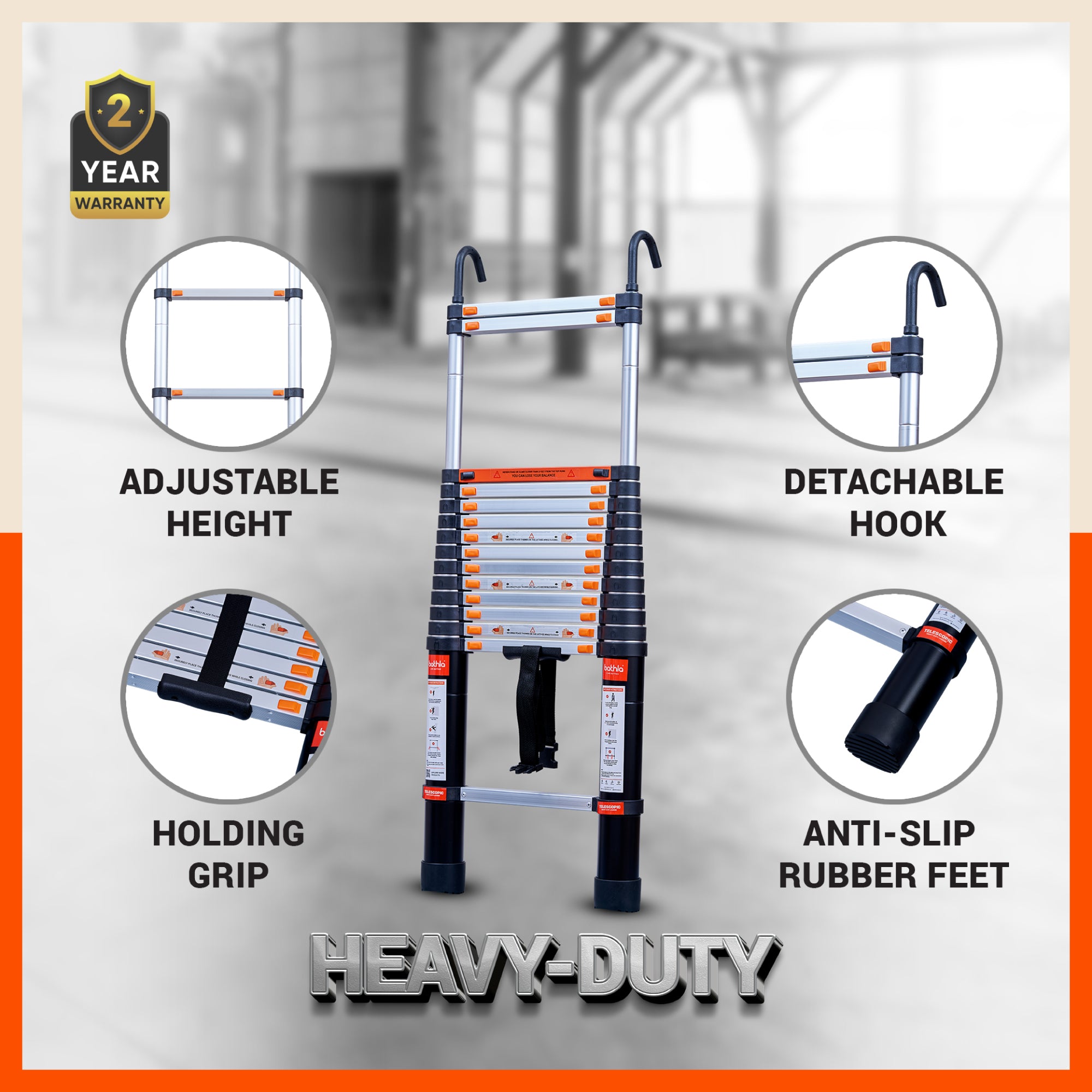 Bathla 14.5ft Aluminium Telescopic Ladder | 2-Year Manufacturer Warranty | Portable & Compact | Made in India (15 Step - 4.4 mtr)